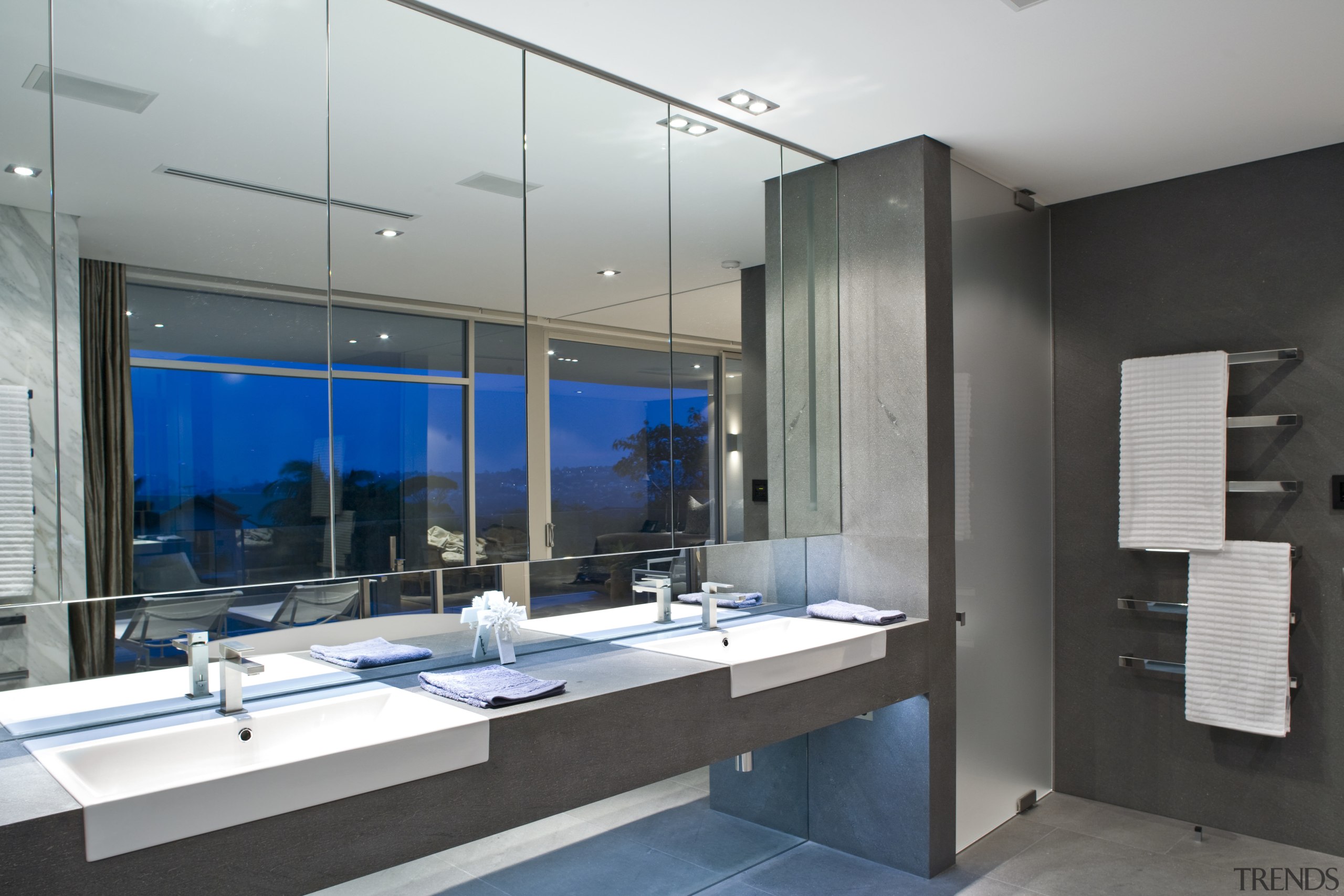 Contemporary bathroom with unique bathtub - Contemporary bathroom interior design, gray, black