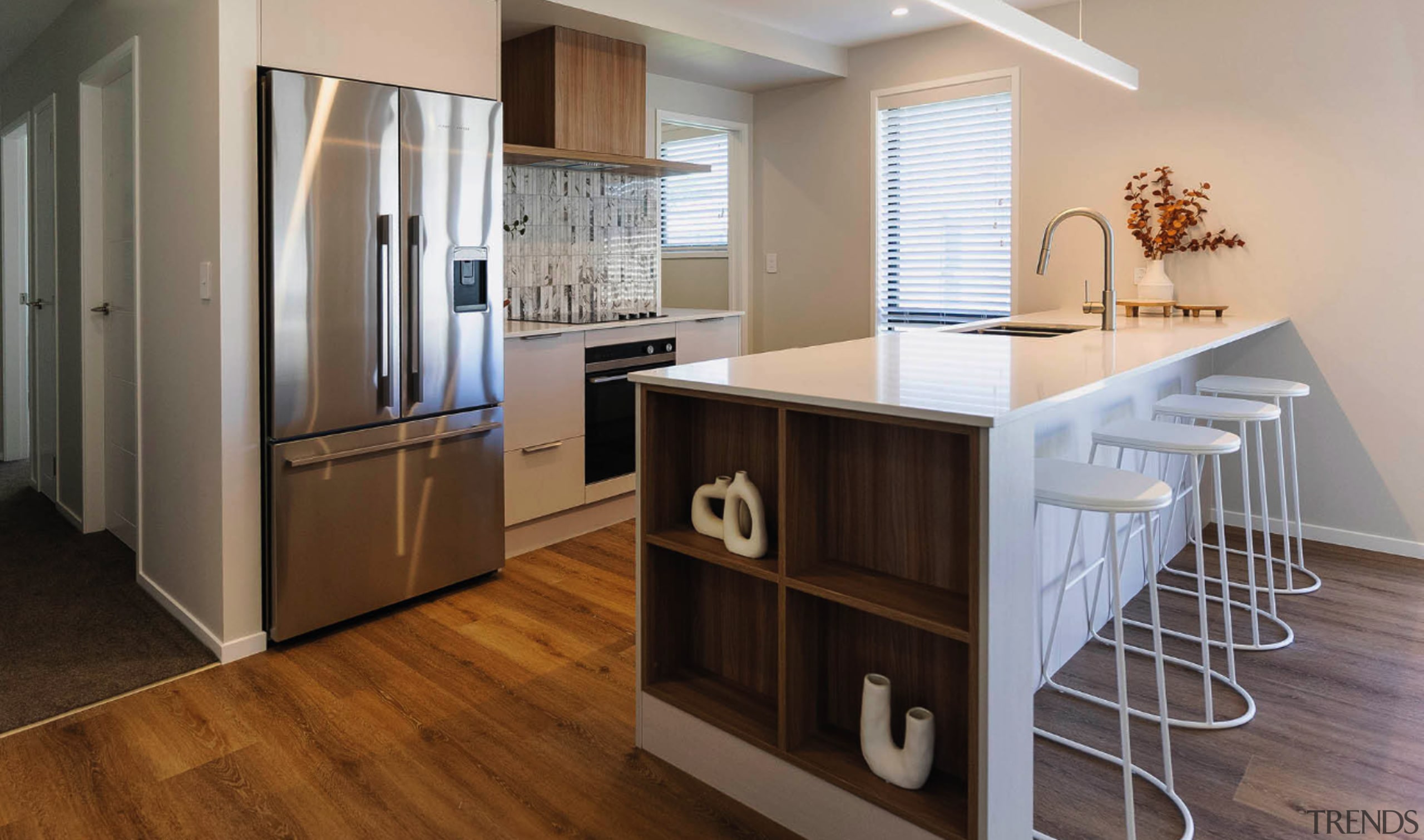 Wood-lined display shelving provides the end piece for 