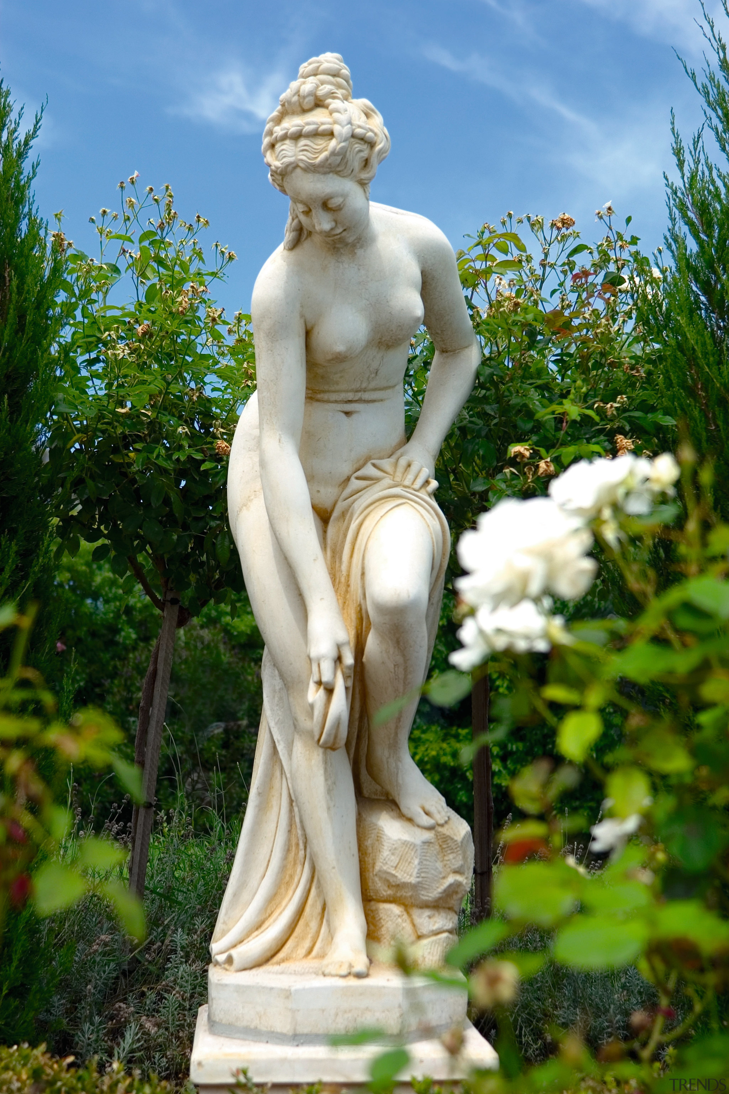 View of the garden sculpture - View of artwork, classical sculpture, garden, grass, monument, mythology, sculpture, sky, statue, stone carving, tree, green