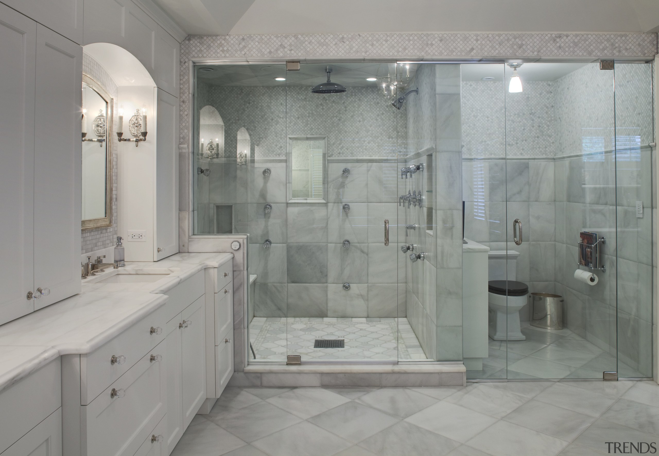 View of a Roman-styled bathroom which features a bathroom, floor, glass, interior design, plumbing fixture, room, tile, gray