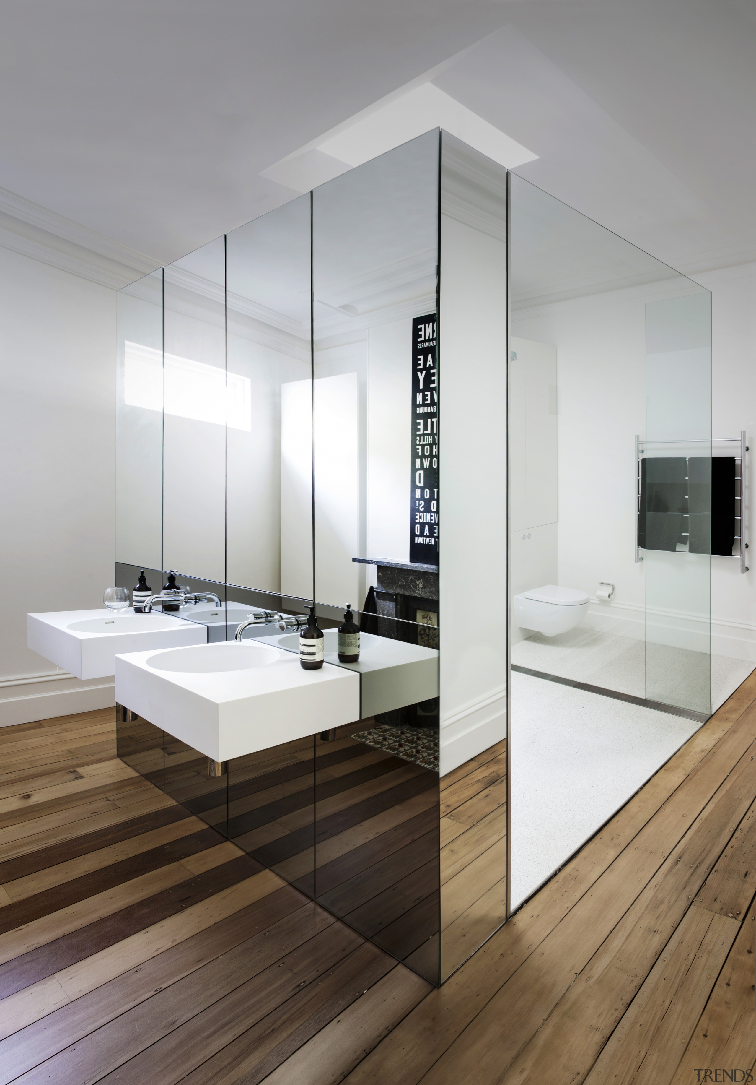 For this master bathroom renovation project by Architect bathroom, floor, interior design, sink, white, gray