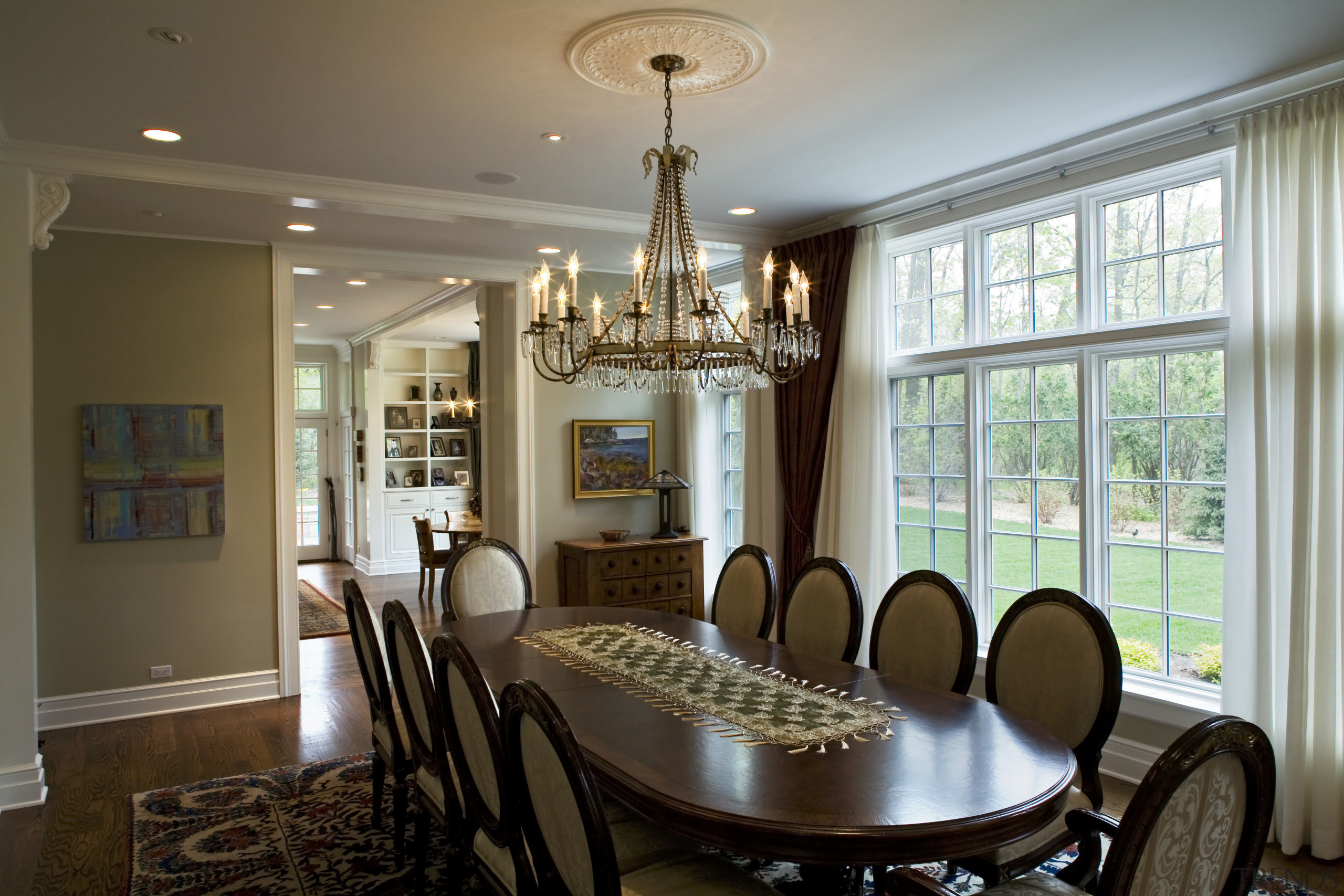 View of dining area which opens on to ceiling, dining room, estate, home, interior design, living room, real estate, room, table, window, brown, gray