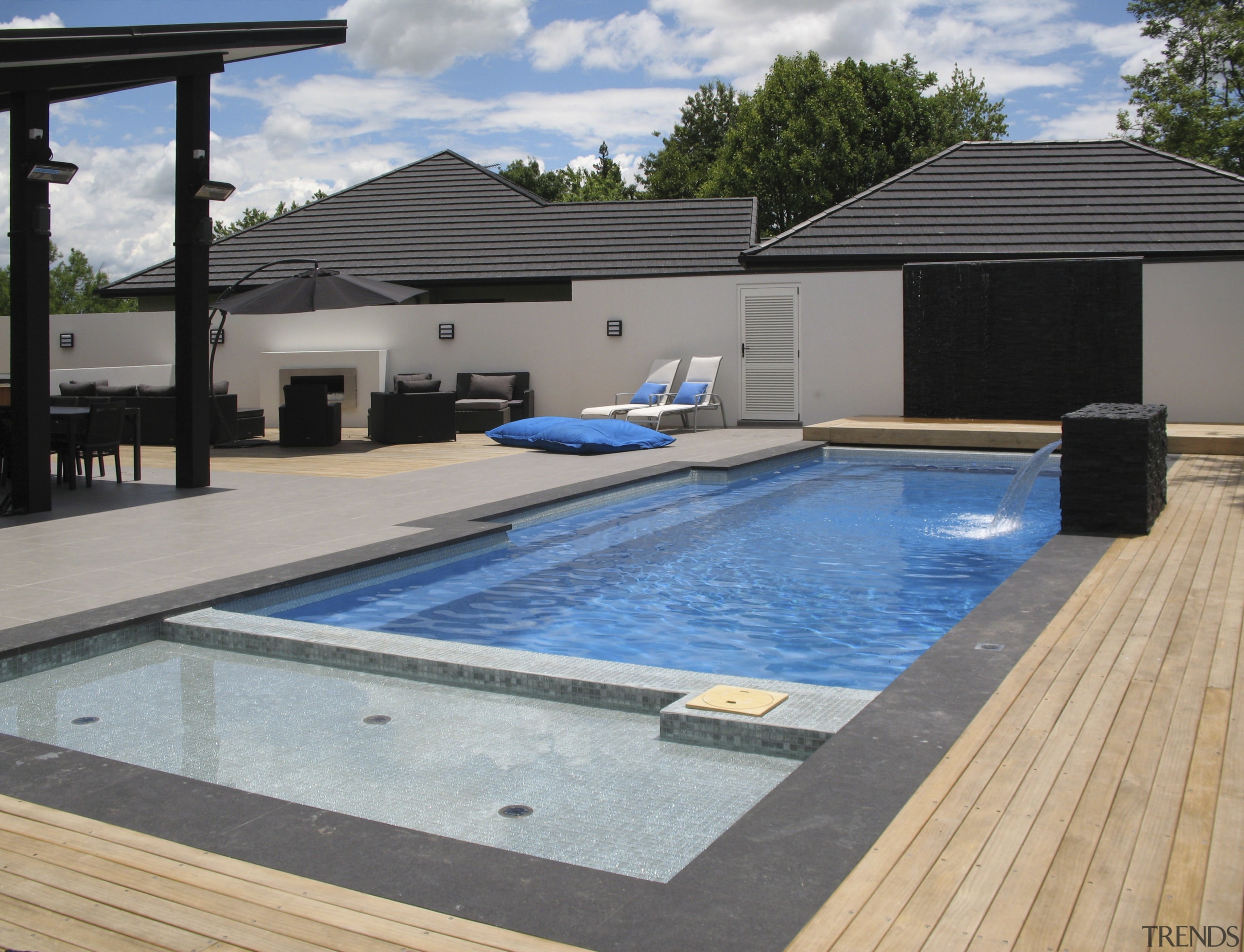 Overlook of pool with chairs. - Overlook of house, leisure, property, real estate, roof, swimming pool, water, gray