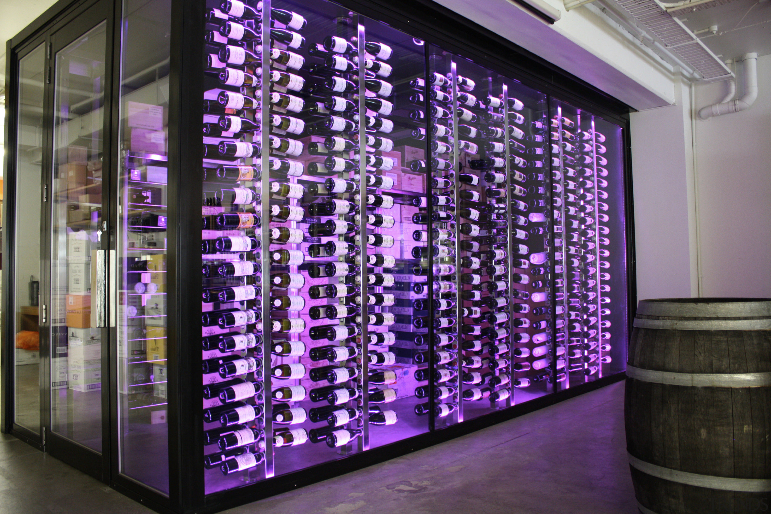 View of refrigeration solution at wine retailer. - display case, display window, glass, interior design, purple, purple