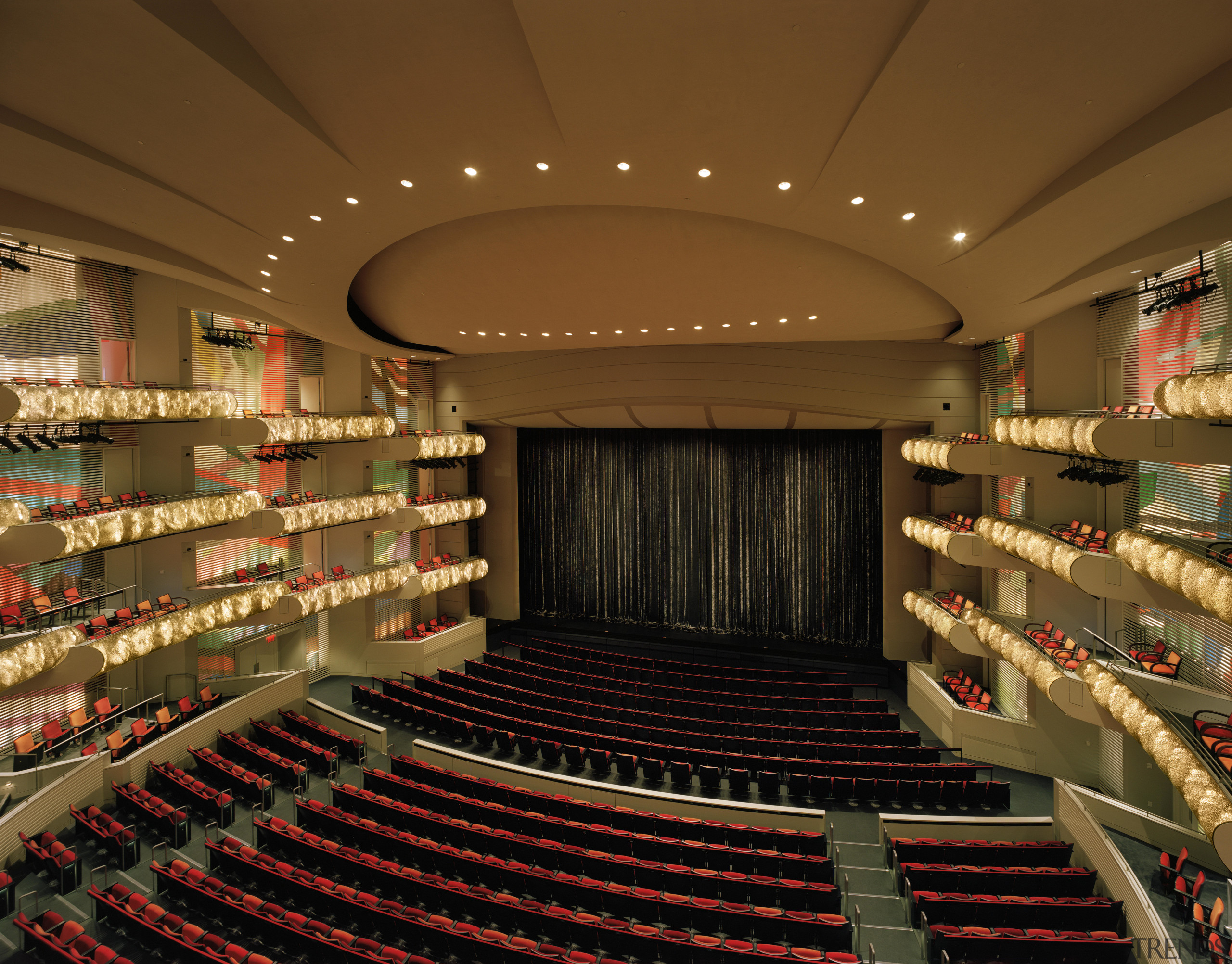 View of theatre with red seating and warm auditorium, interior design, performing arts center, theatre, brown