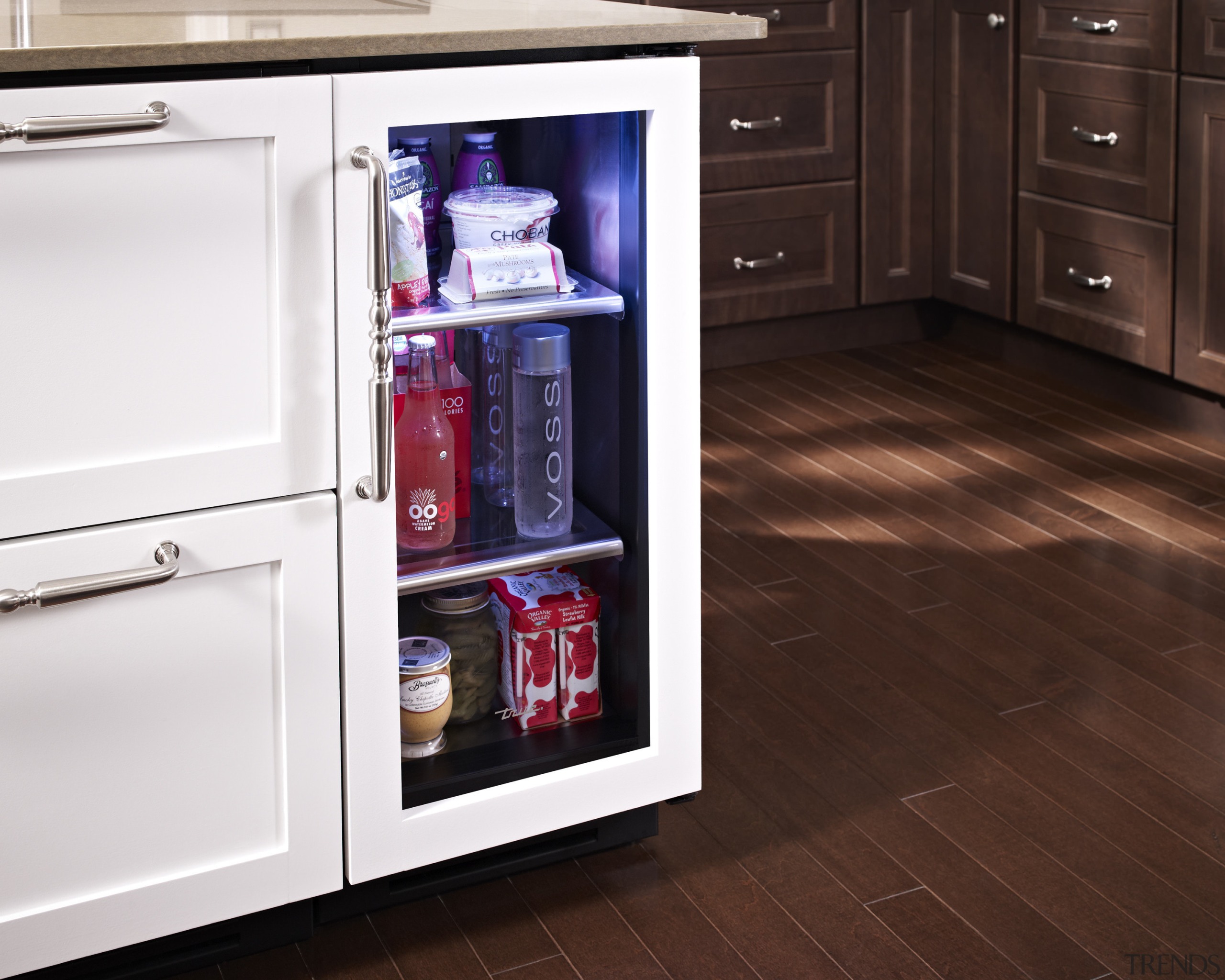 Wine refrigerator from the True Professional Series, a cabinetry, countertop, floor, flooring, hardwood, home appliance, kitchen, kitchen appliance, major appliance, refrigerator, wood flooring, red, white