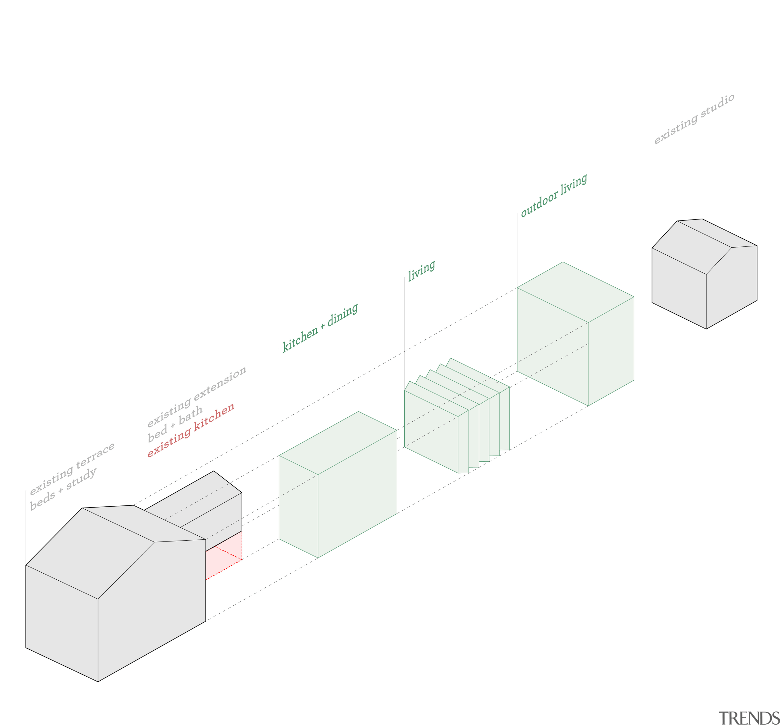A diagram of the massing of the home. 