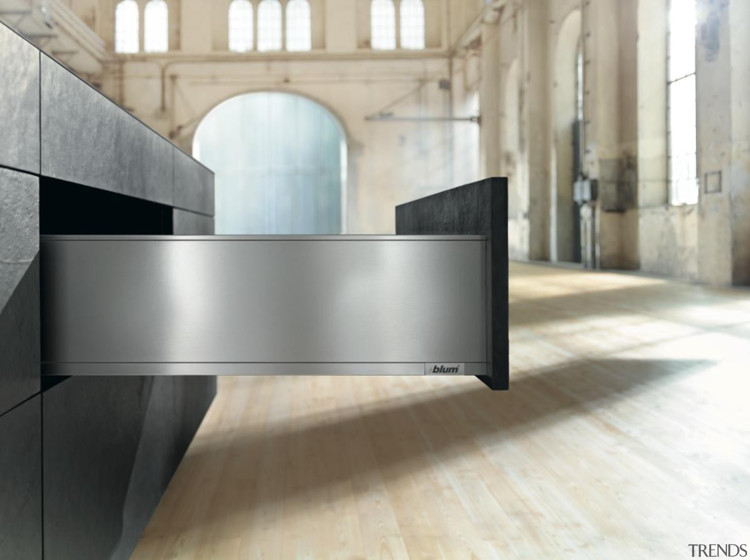 The new Legrabox drawer system from Blum boasts architecture, floor, furniture, interior design, table, gray, white