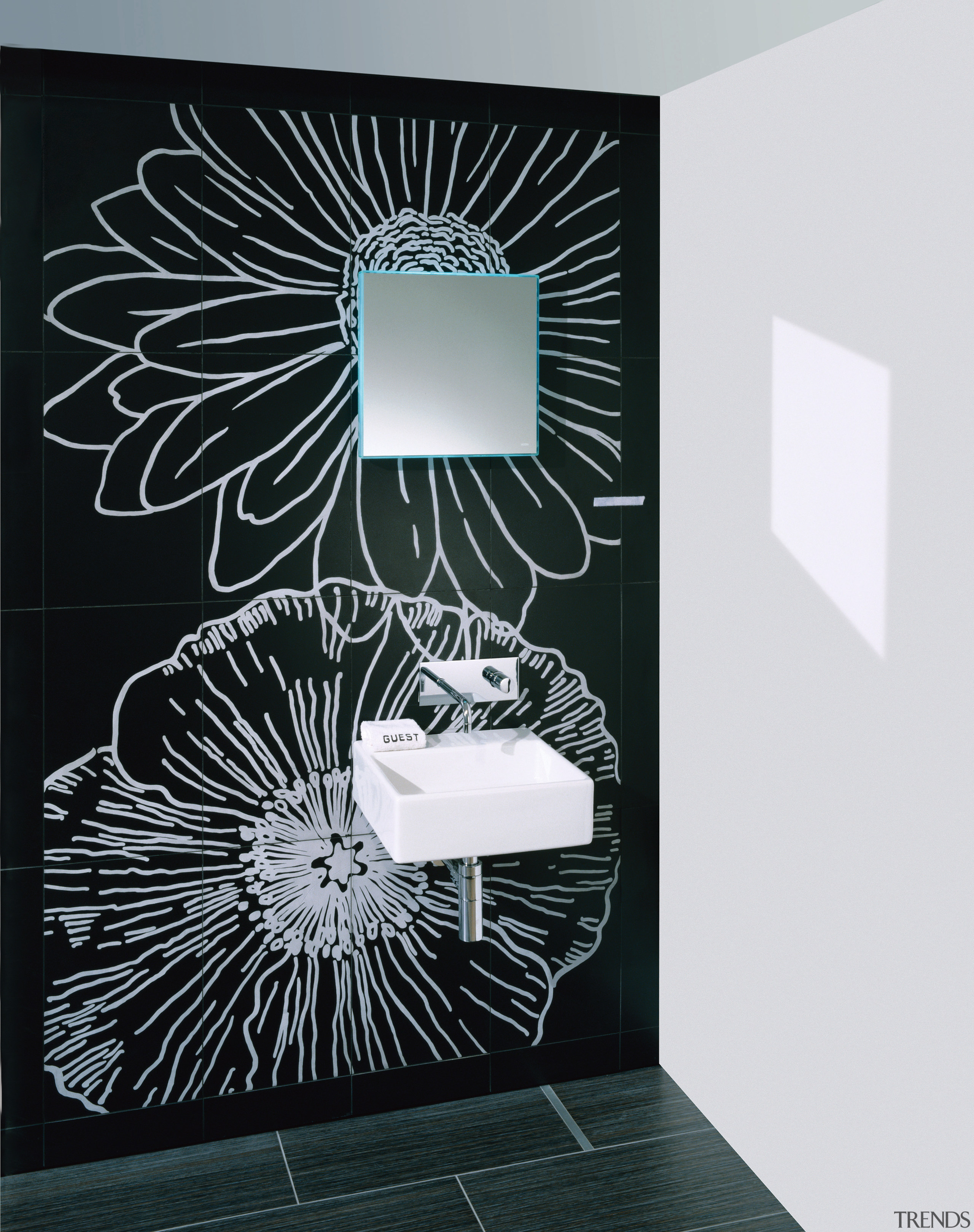 view of this bathroom featuring espirt wall tile, black and white, design, product design, black, white
