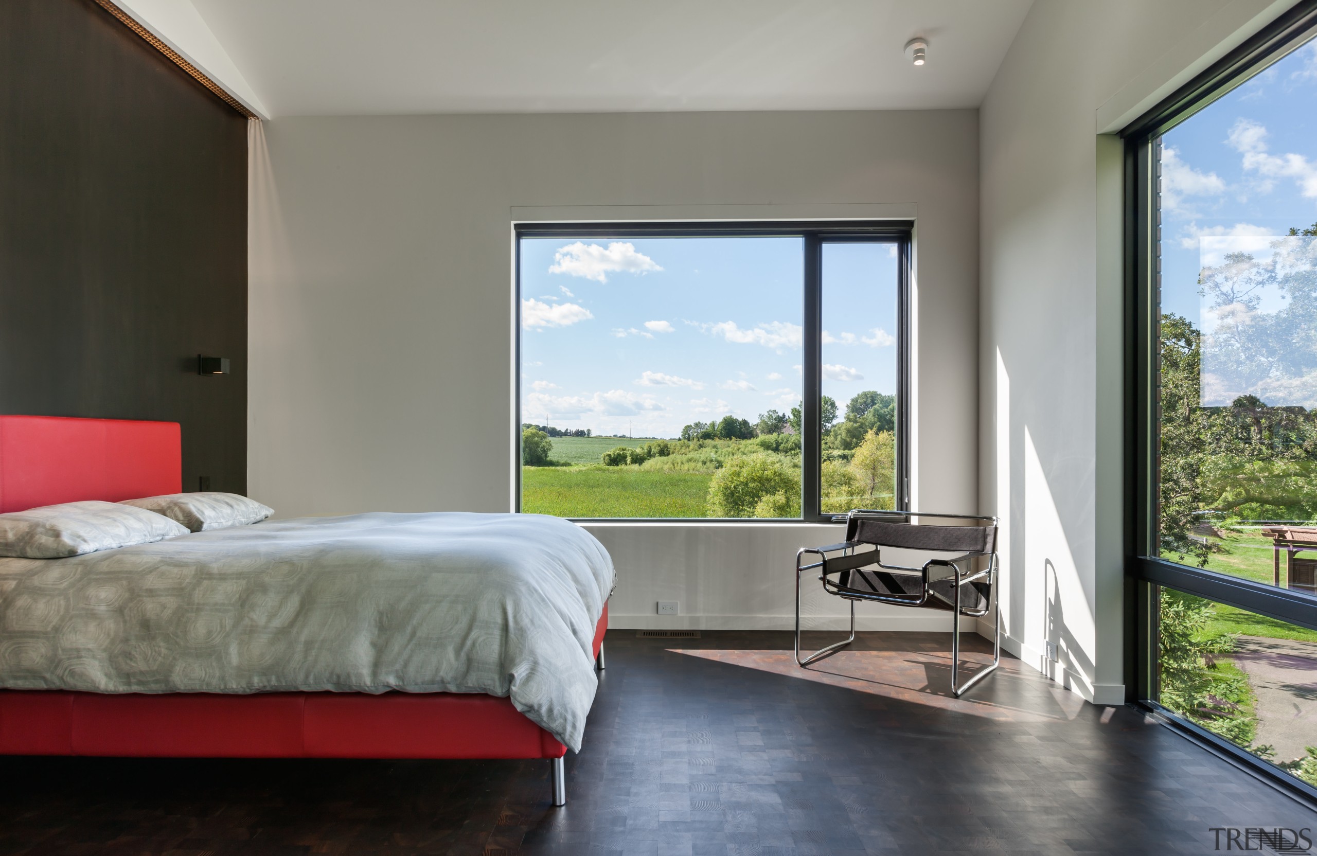 In a house with six children, the parents’ architecture, bedroom, ceiling, door, estate, floor, home, house, interior design, property, real estate, room, window, gray