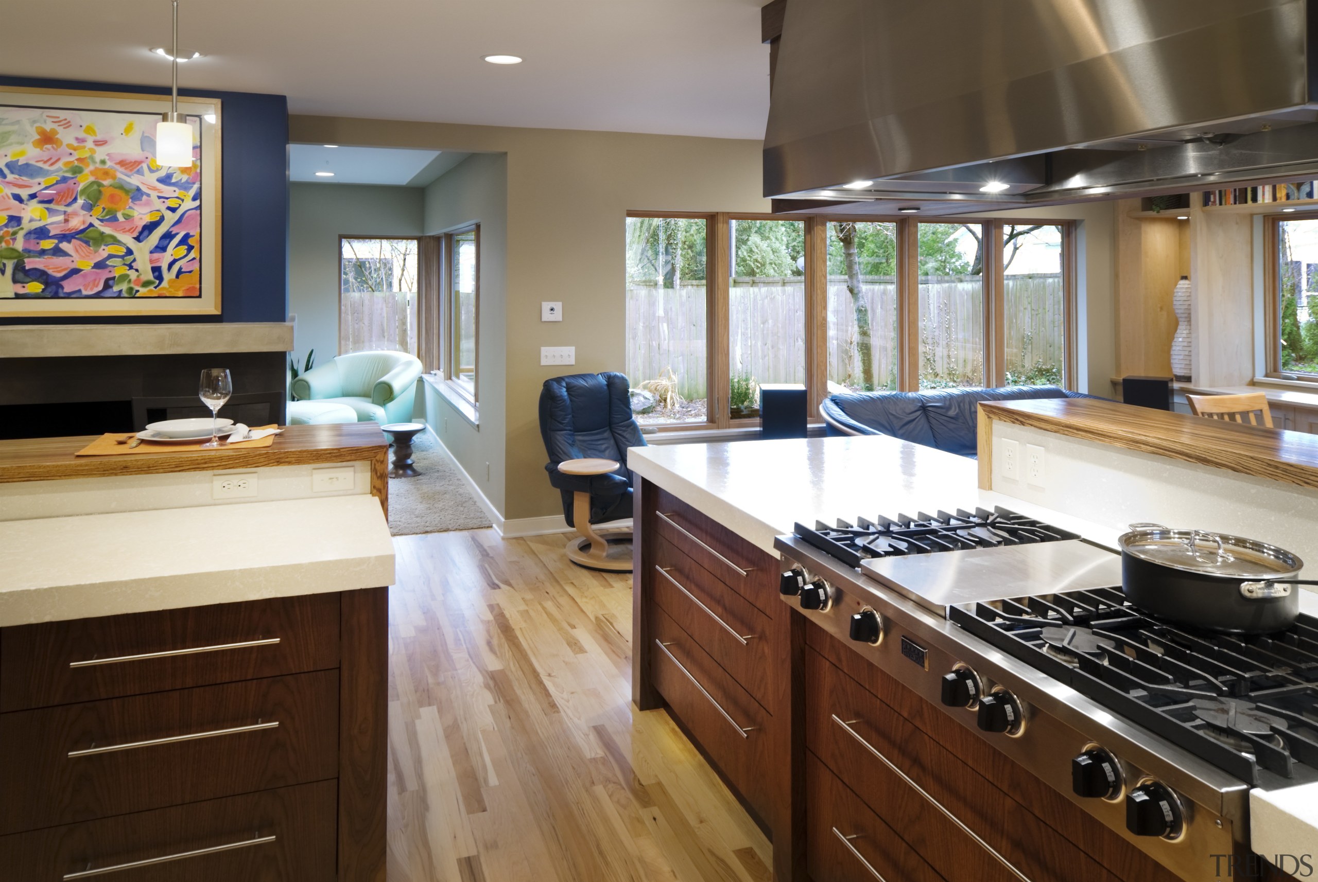 View of a kitchen which features a L-shaped countertop, interior design, kitchen, real estate, room, brown, gray