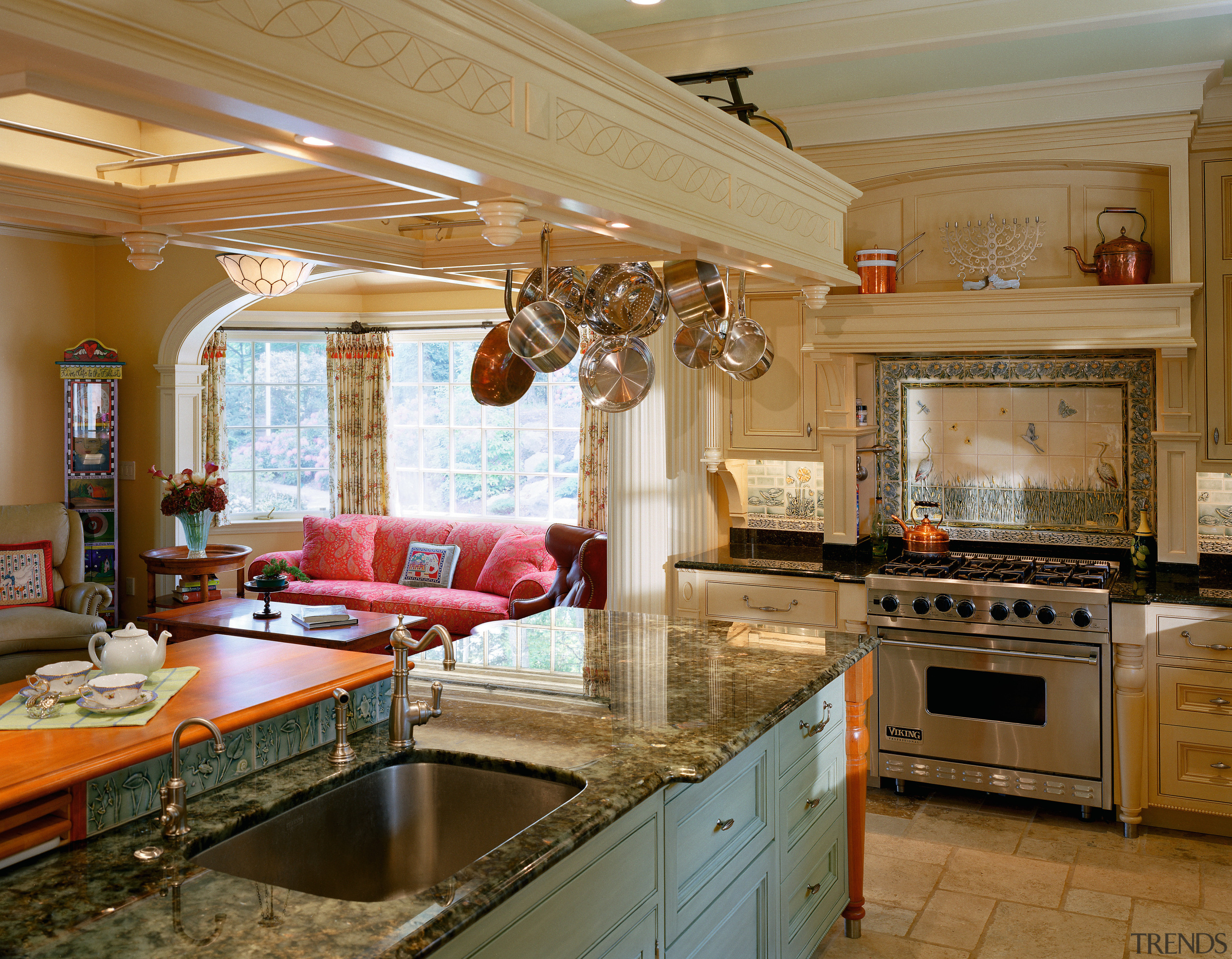 view of the kitchen featuring tiled flooring, timber cabinetry, ceiling, countertop, cuisine classique, home, interior design, kitchen, living room, room, window, brown