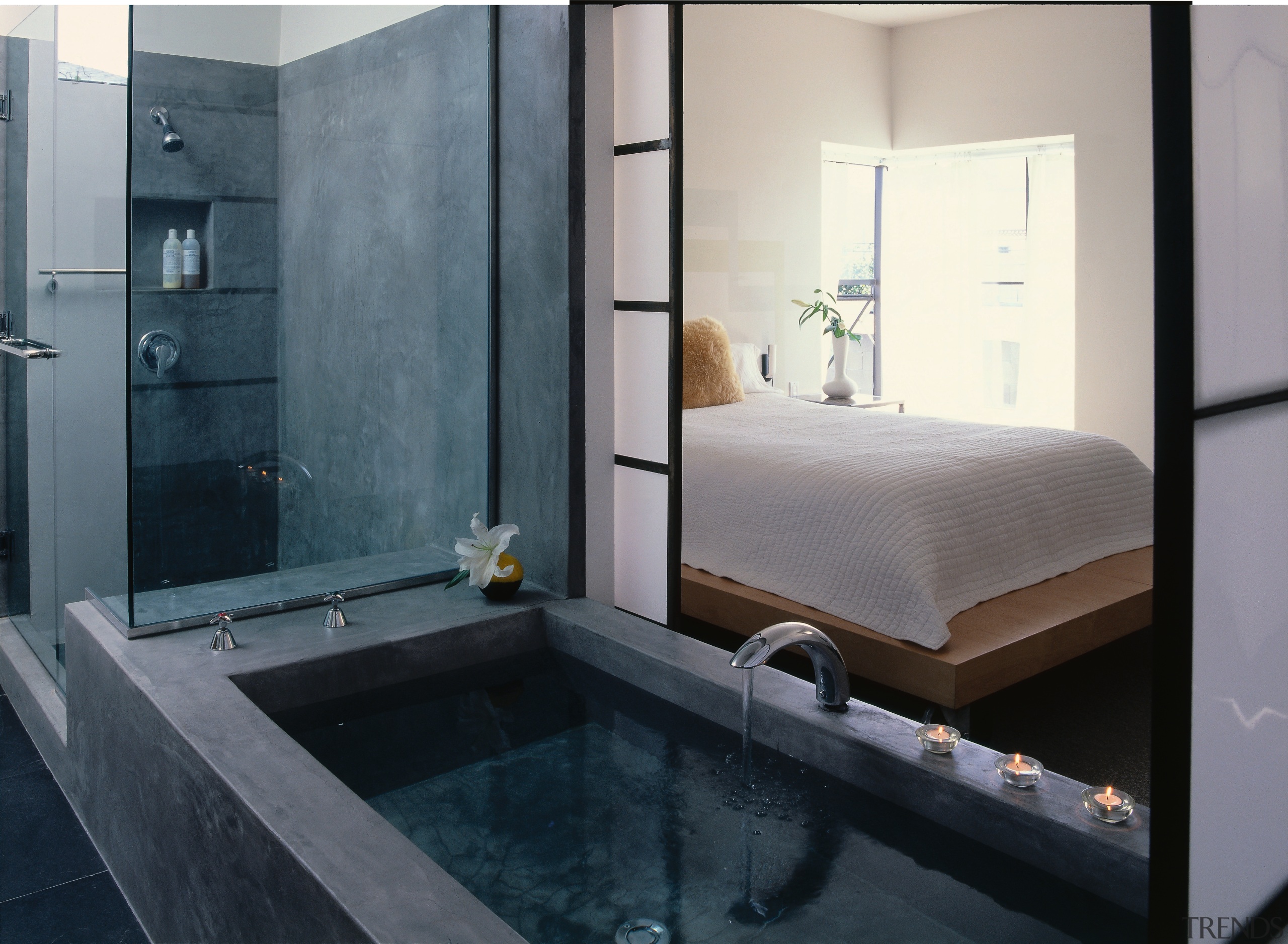 View of the bath tub &amp; shower that bathroom, bathtub, floor, interior design, plumbing fixture, room, suite, gray, black