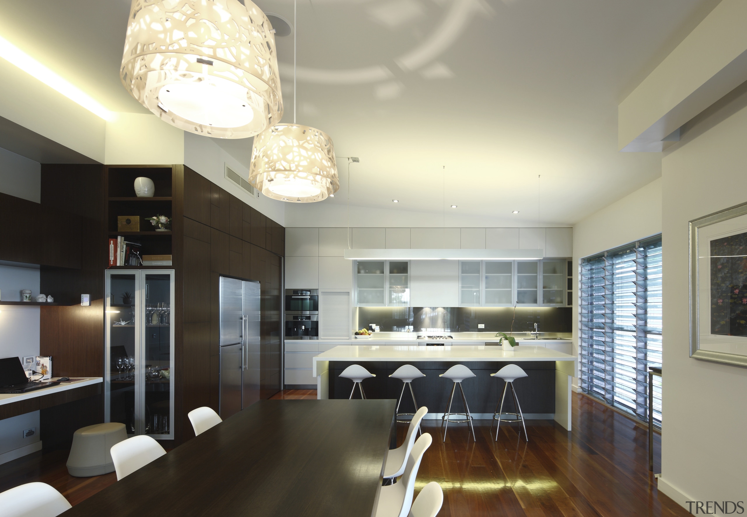 Kitchen area with white barstools. - Kitchen area ceiling, countertop, interior design, kitchen, real estate, room, black