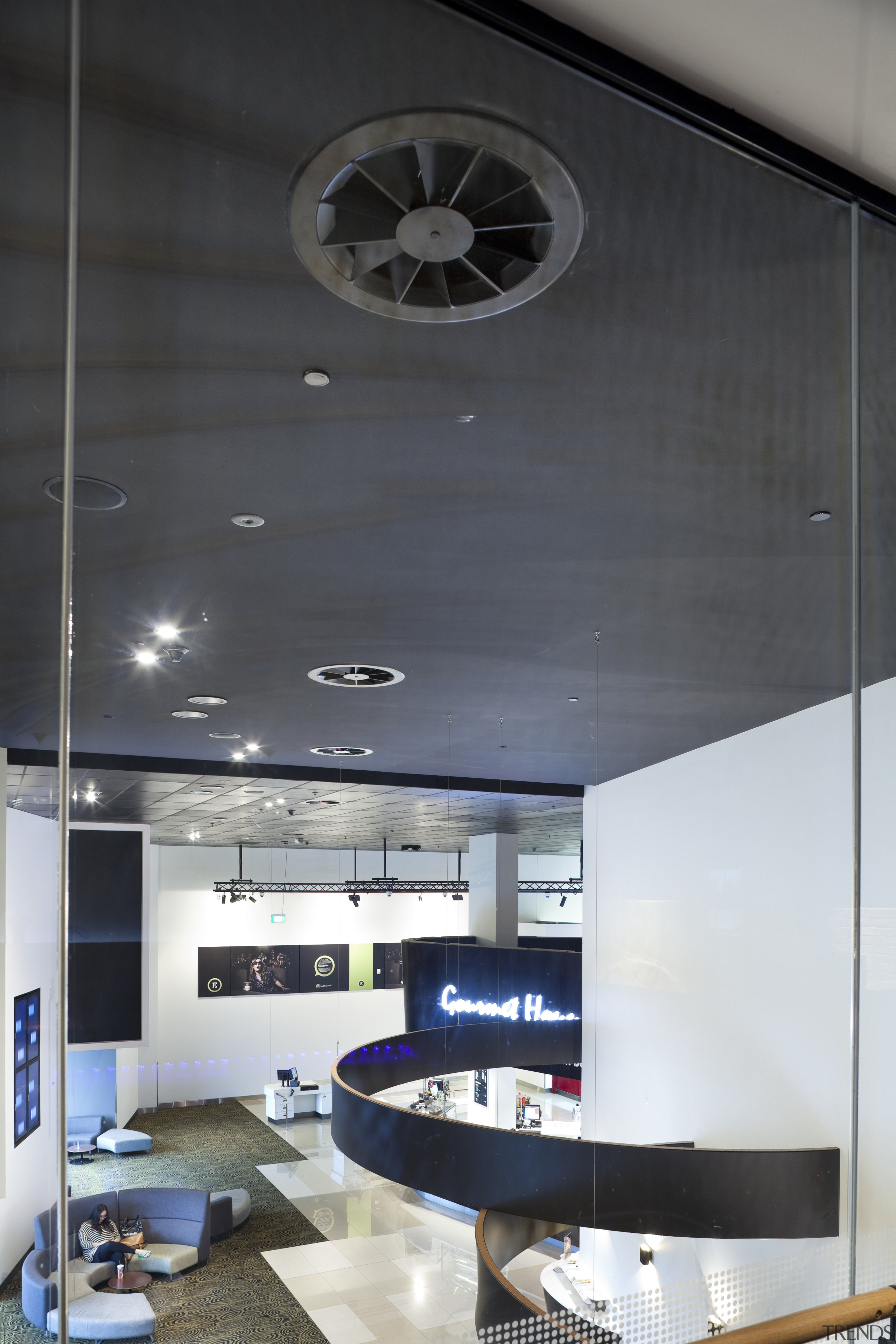 View of dark ceiling with fan. - View architecture, ceiling, daylighting, interior design, black, white