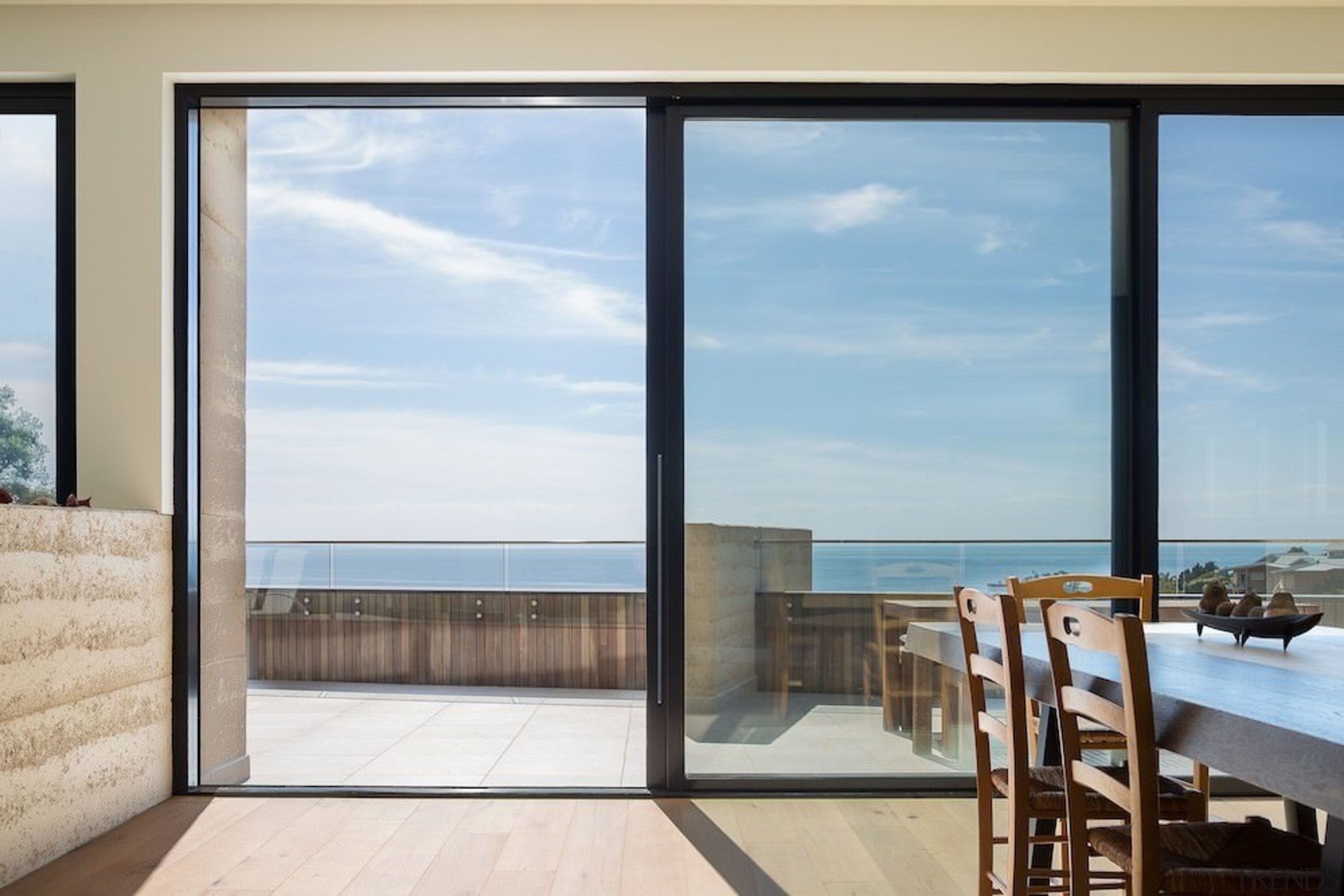 The dining room has uninterrupted views of the apartment, condominium, door, home, house, interior design, penthouse apartment, property, real estate, window, gray, white