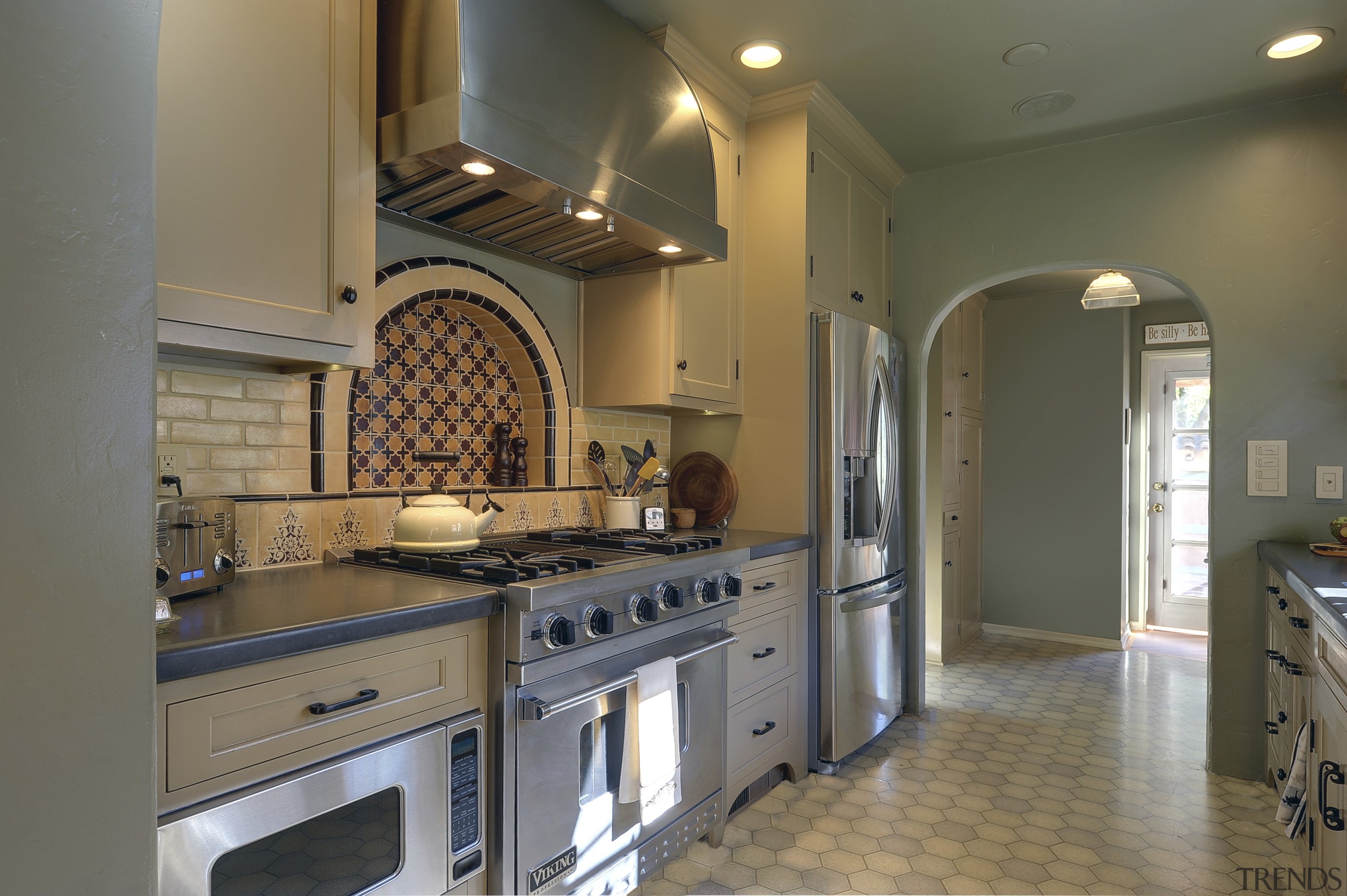 View of Spanish-style home with open shelving and cabinetry, countertop, cuisine classique, estate, interior design, kitchen, room, gray, brown