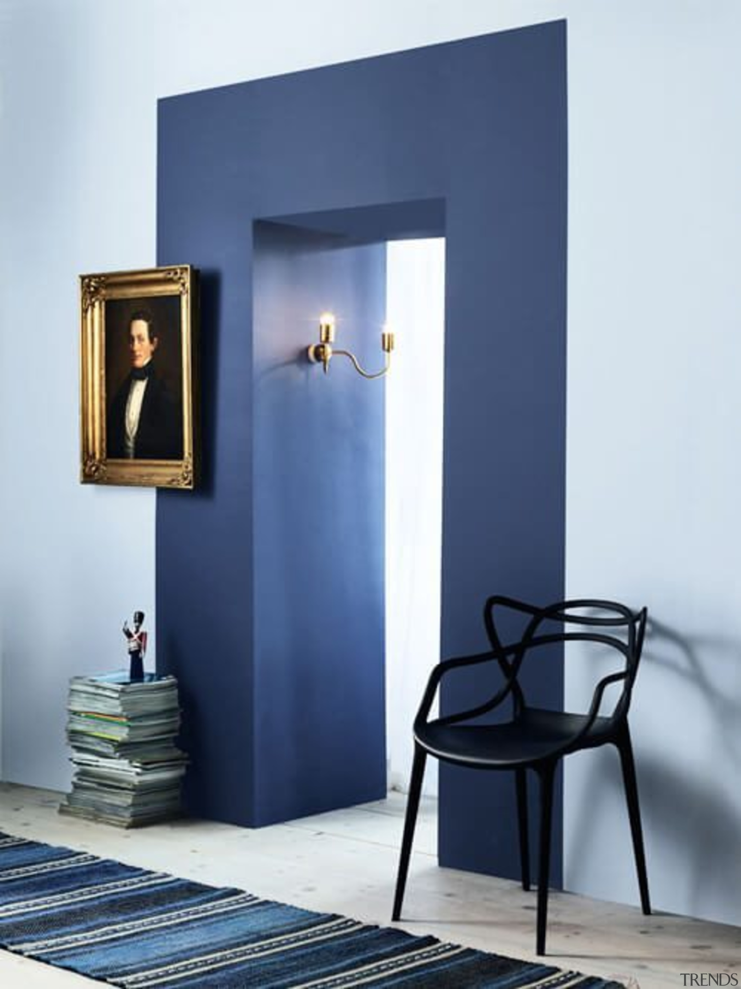 Colour blocking stops this doorway from being furniture, interior design, lamp, light fixture, table, white, blue