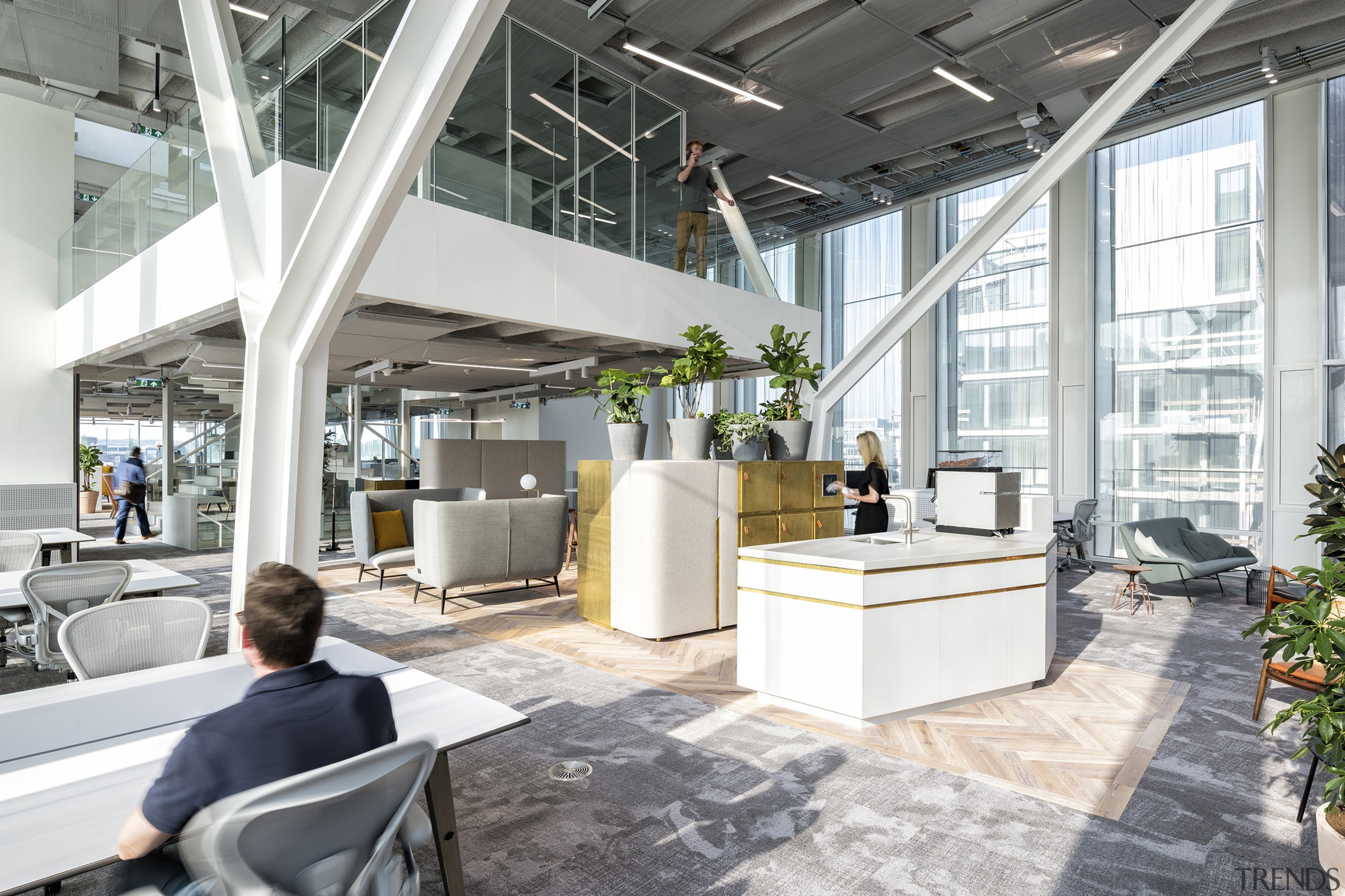 The abundance of light in the Amvest Amsterdam architecture, building, ceiling, daylighting, design, floor, flooring, furniture, home, house, interior design, living room, lobby, loft, mixed-use, office, property, real estate, room, white, gray
