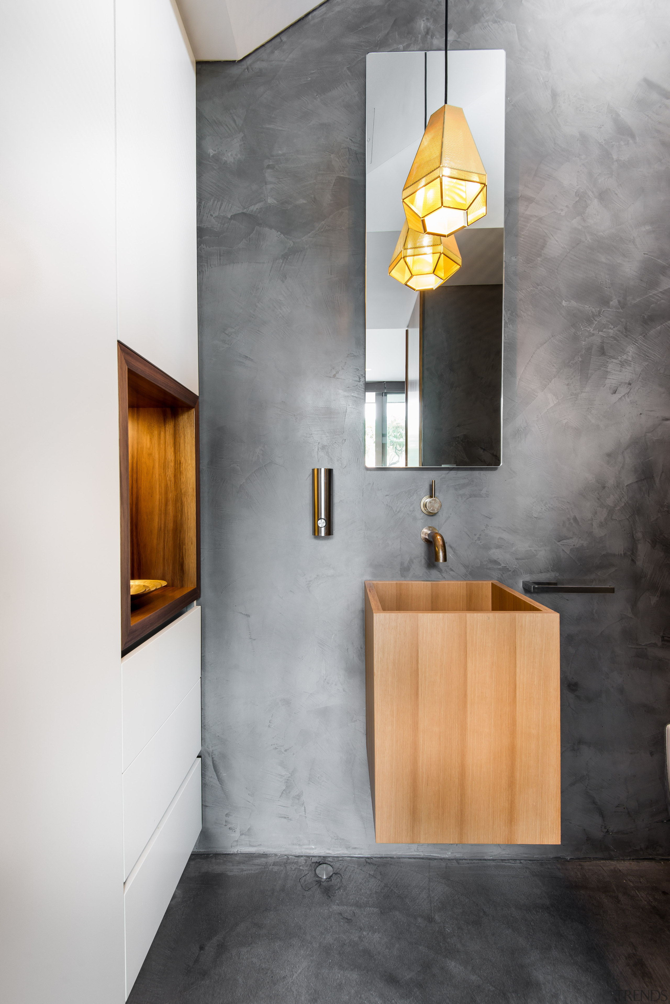 A wall niche in Tasmanian blackwood is in bathroom, bathroom cabinet, floor, interior design, product design, sink, tap, wall, gray, white