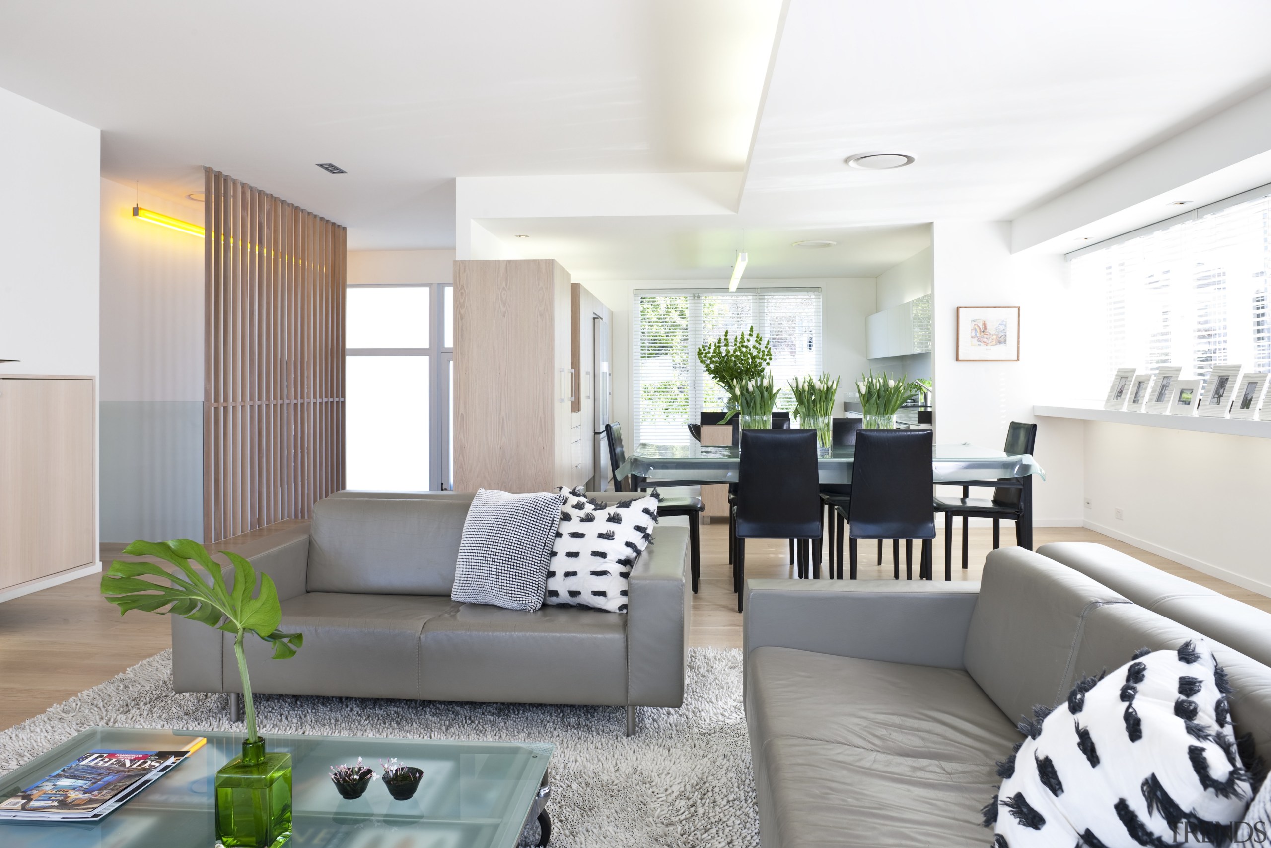 The living area features white oak flooring and ceiling, interior design, living room, real estate, room, white