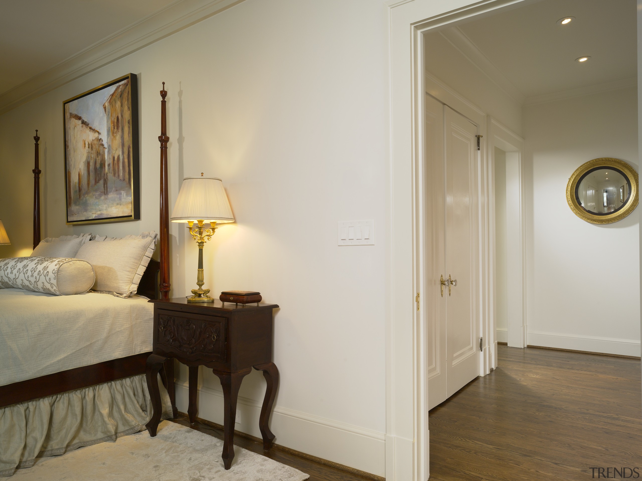 This master suite's architects were James Hess and bedroom, ceiling, estate, floor, flooring, furniture, hardwood, home, interior design, property, real estate, room, suite, wall, window, wood flooring, brown, gray