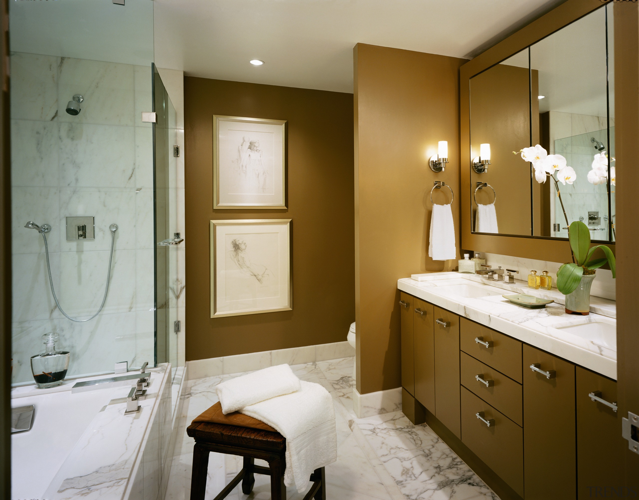 view of the master bathroom featuring marble flooring bathroom, bathroom accessory, bathroom cabinet, countertop, home, interior design, room, brown, gray