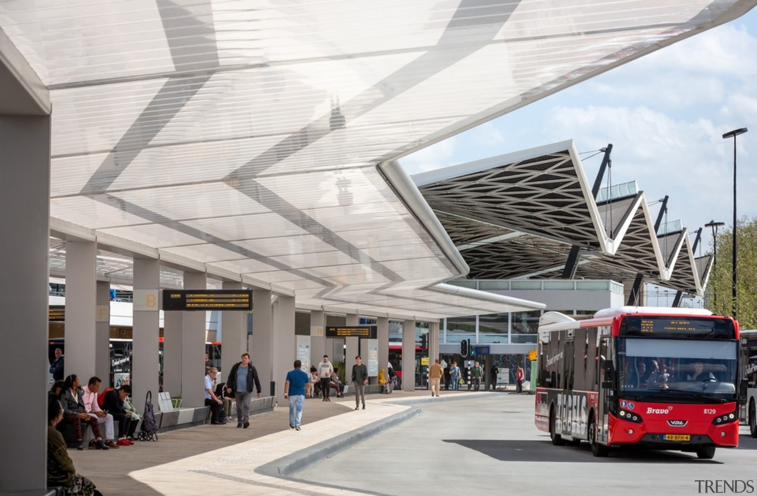 The awning circulation runs from 14 to 30m architecture, building, bus, ceiling, mode of transport, public transport, transport, vehicle, white, gray