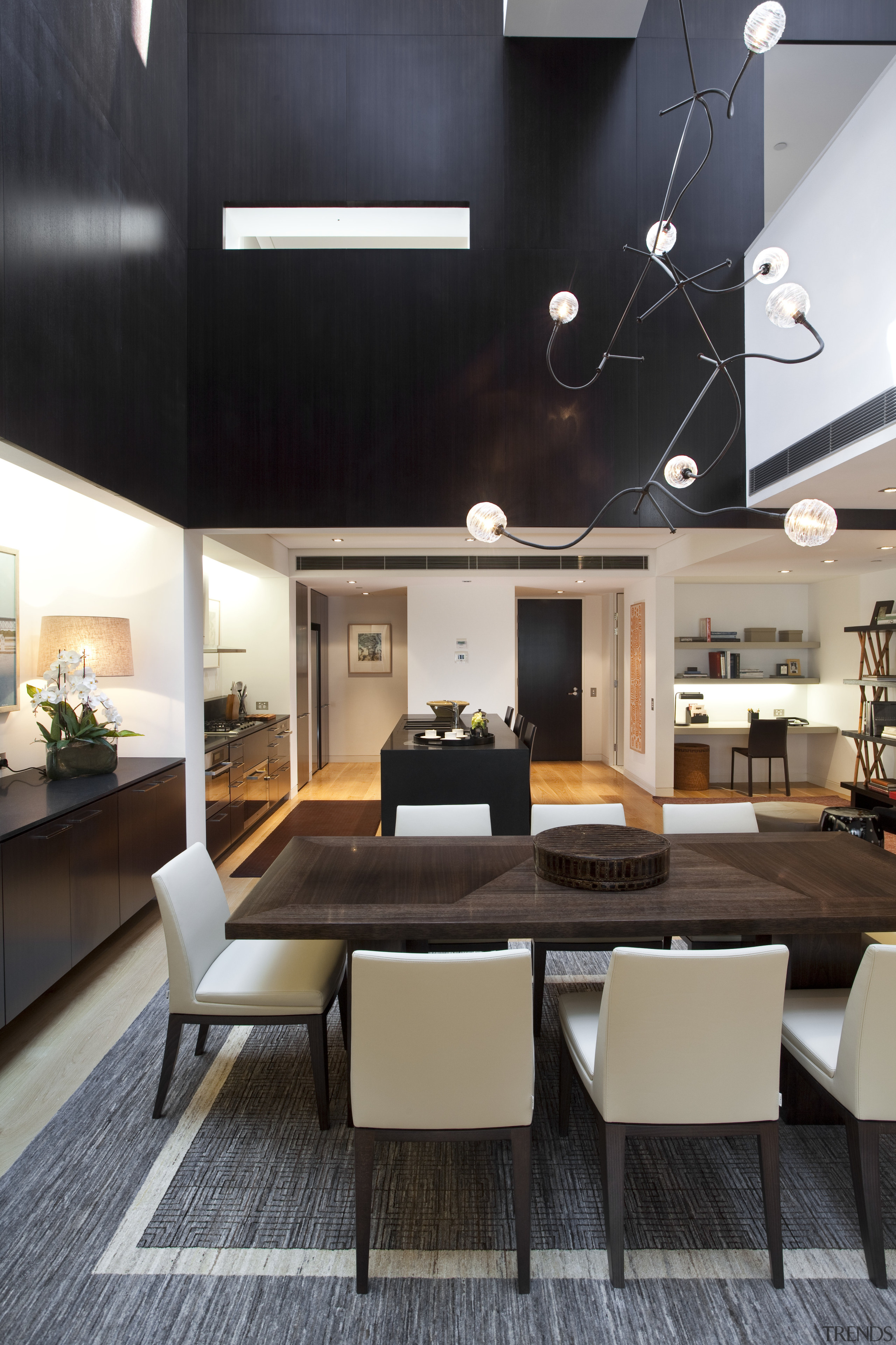 View of dining area with light toned chairs ceiling, interior design, living room, table, black, gray