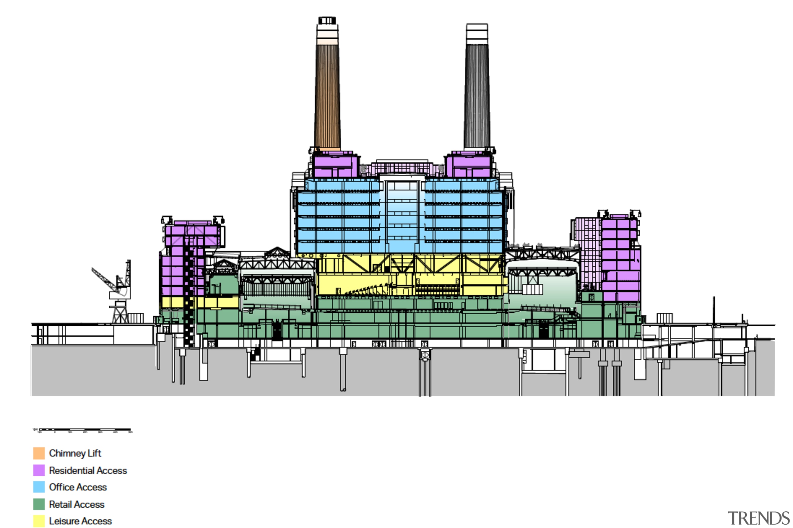 Cross section illustrating the mixed use building's various 