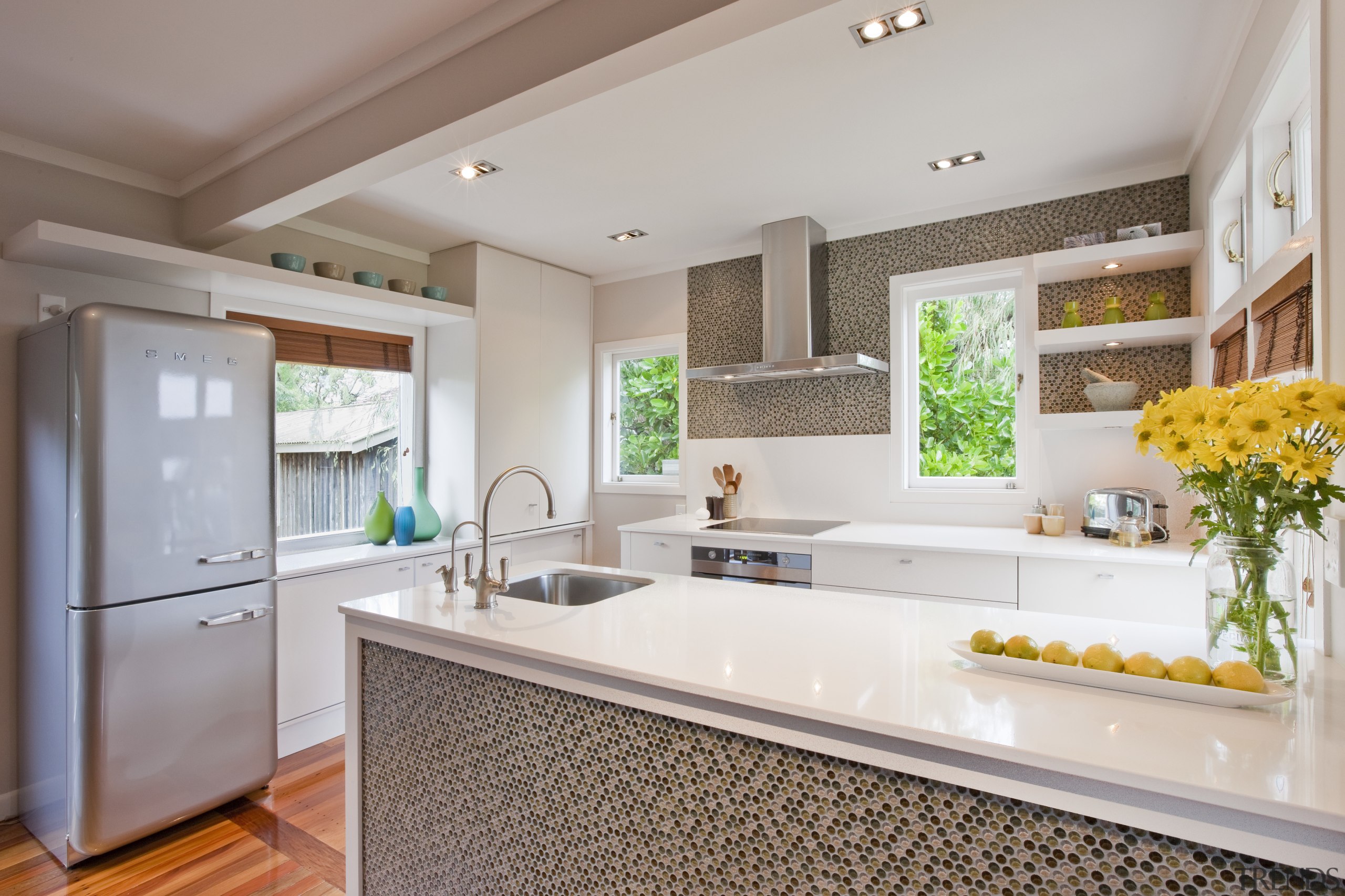 View of kitchen with retro feel and bedroom countertop, home, interior design, kitchen, real estate, room, gray