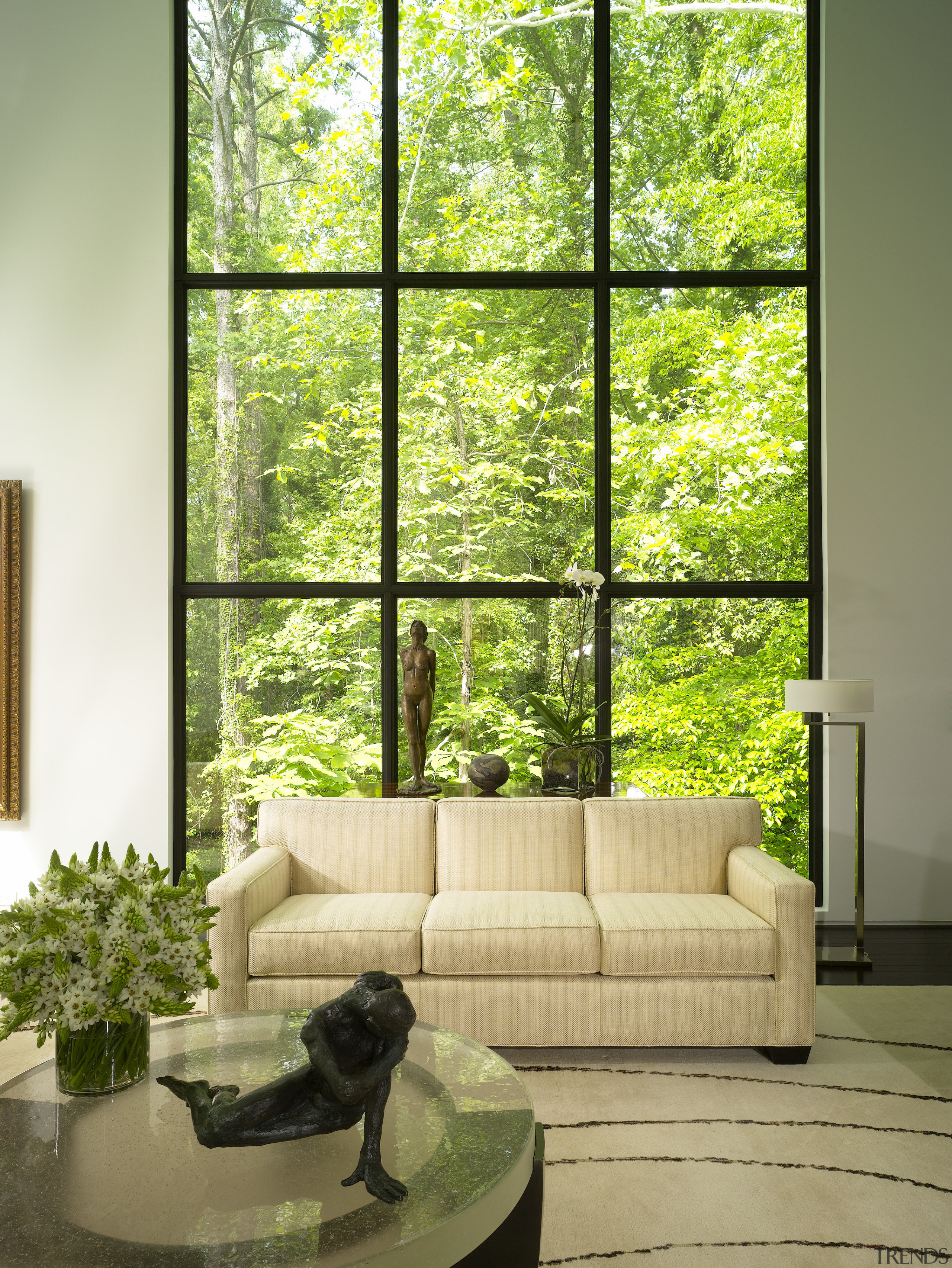 View of white couch. - View of white green, home, house, interior design, living room, window, window covering, window treatment, wood, brown, yellow