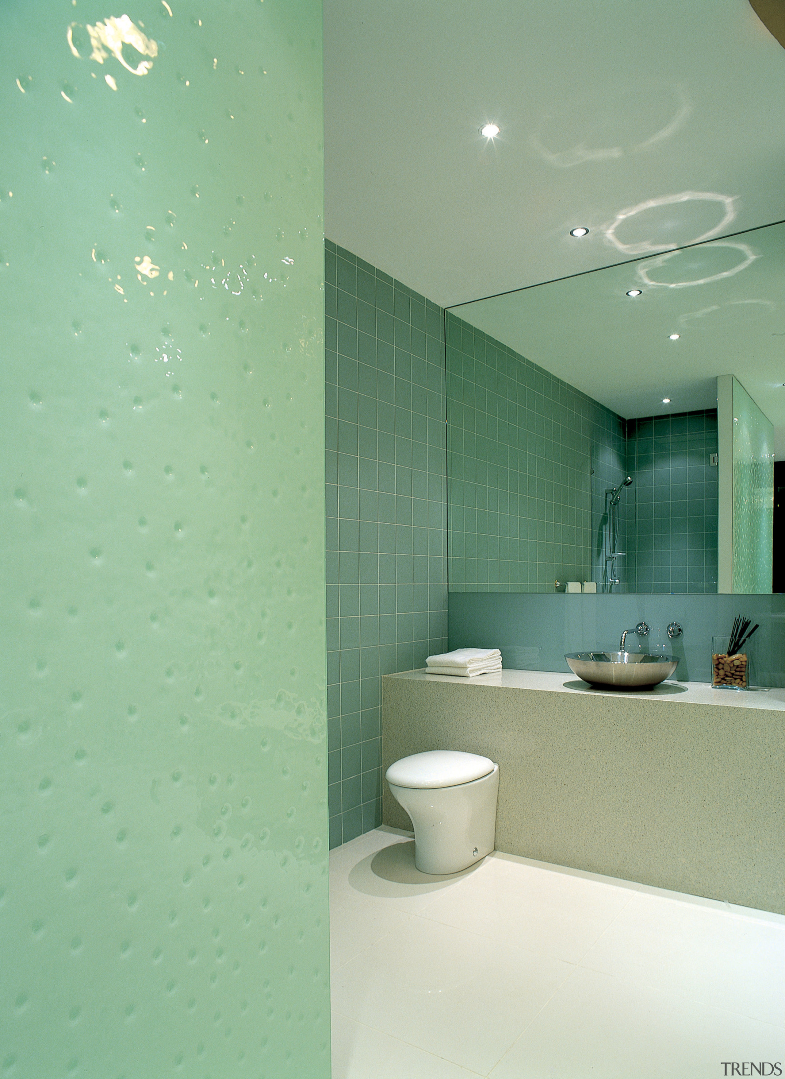 A view of a bethroom, white tiled floor, architecture, bathroom, ceiling, daylighting, floor, interior design, product design, room, tap, tile, wall, green