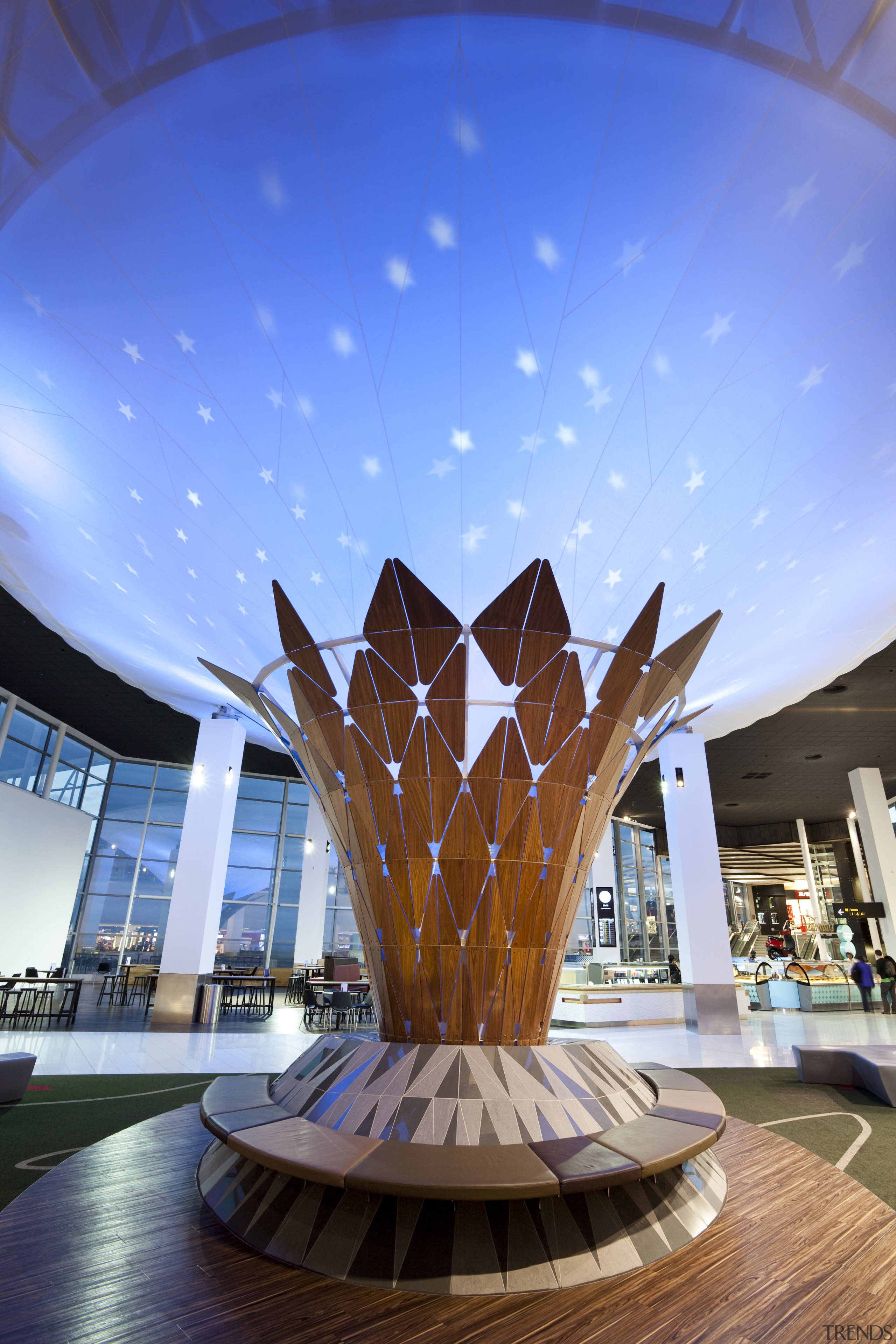 View of Auckland International Airport centrepiece, resembling the architecture, reflection, sky, water, teal