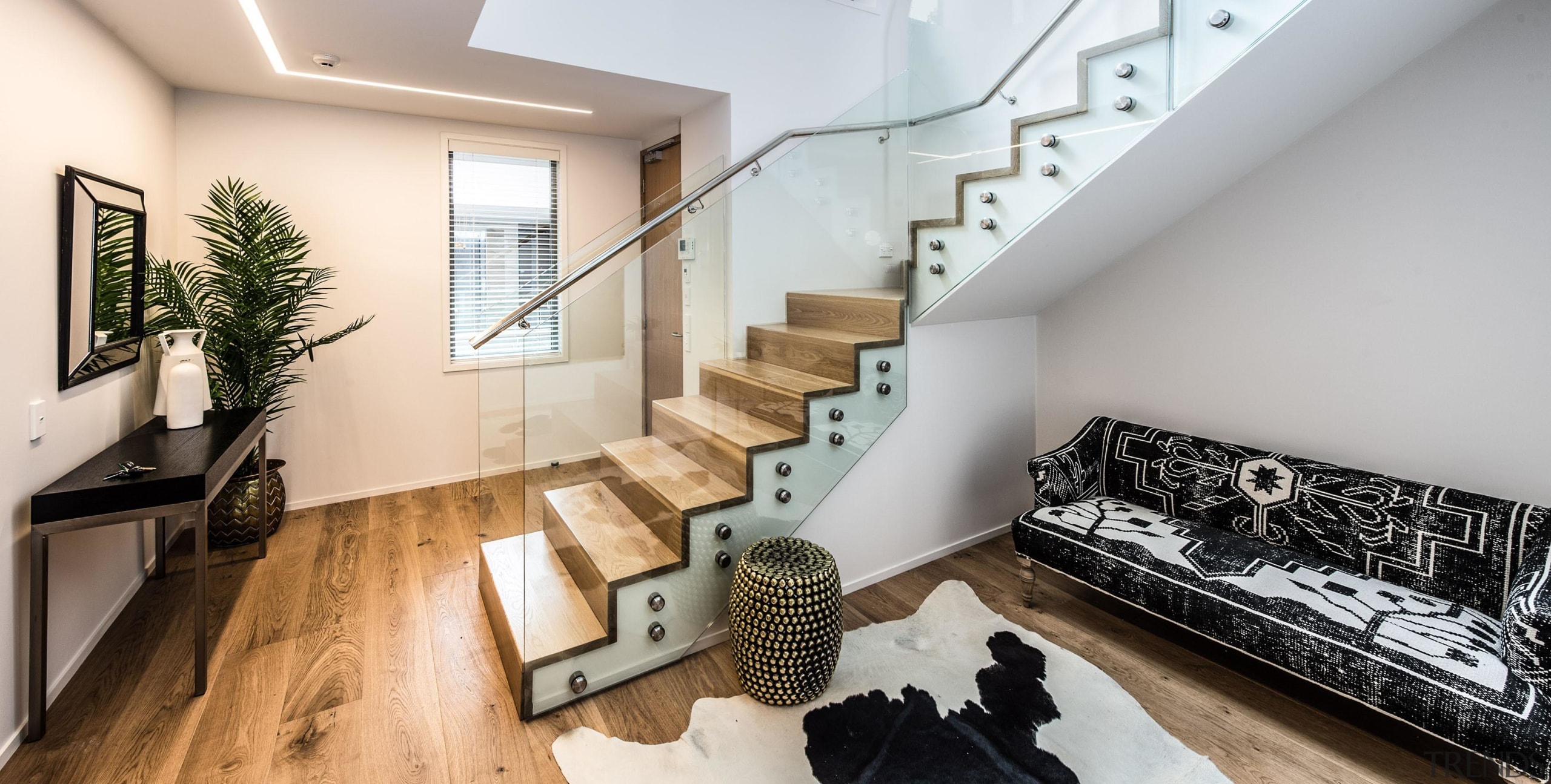 Find out more about 585 Rothesay Bay architecture, handrail, house, interior design, living room, property, real estate, stairs, gray