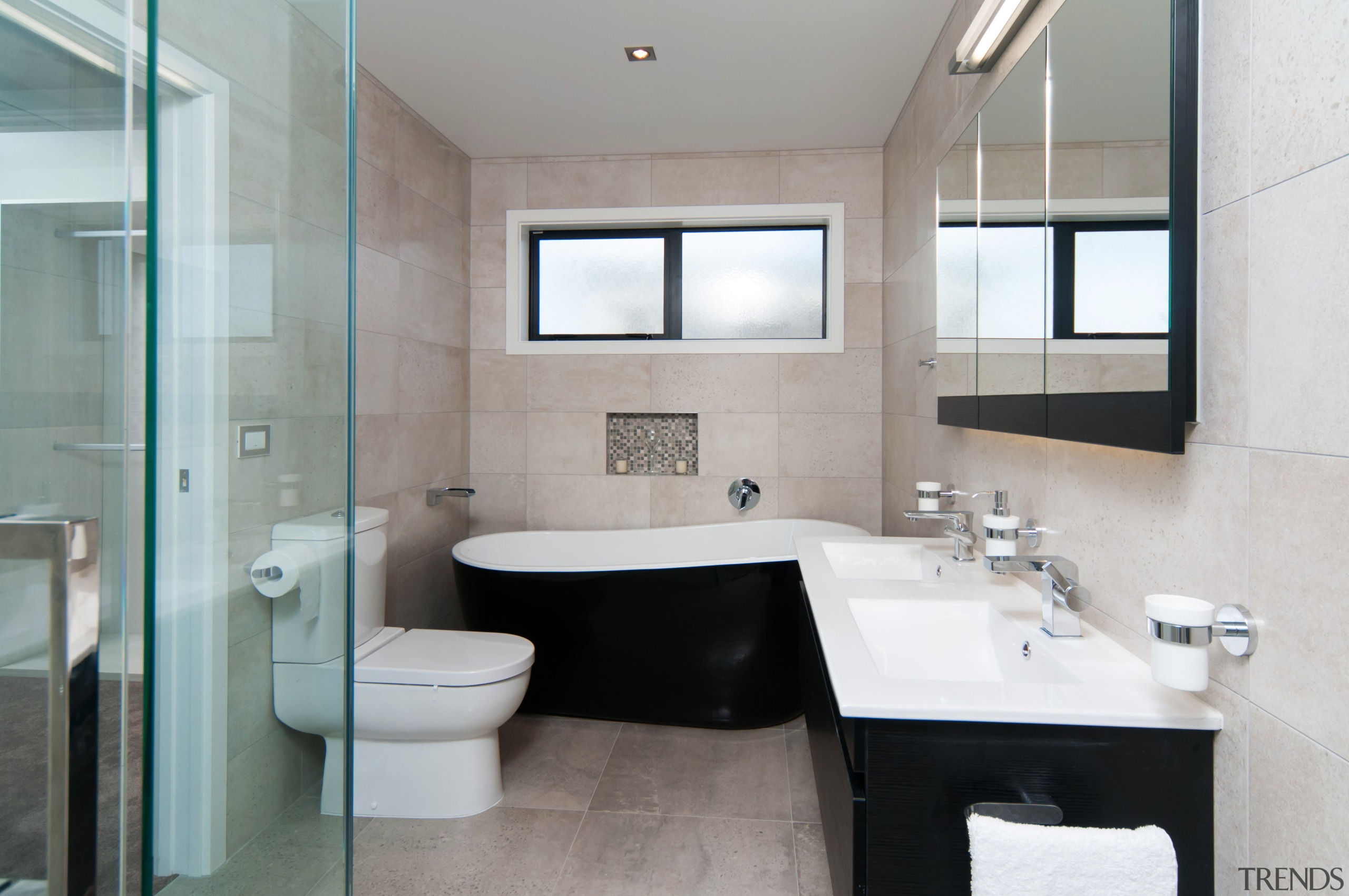 Black, white and warm sandy tones were chosen architecture, bathroom, home, interior design, real estate, room, sink, gray