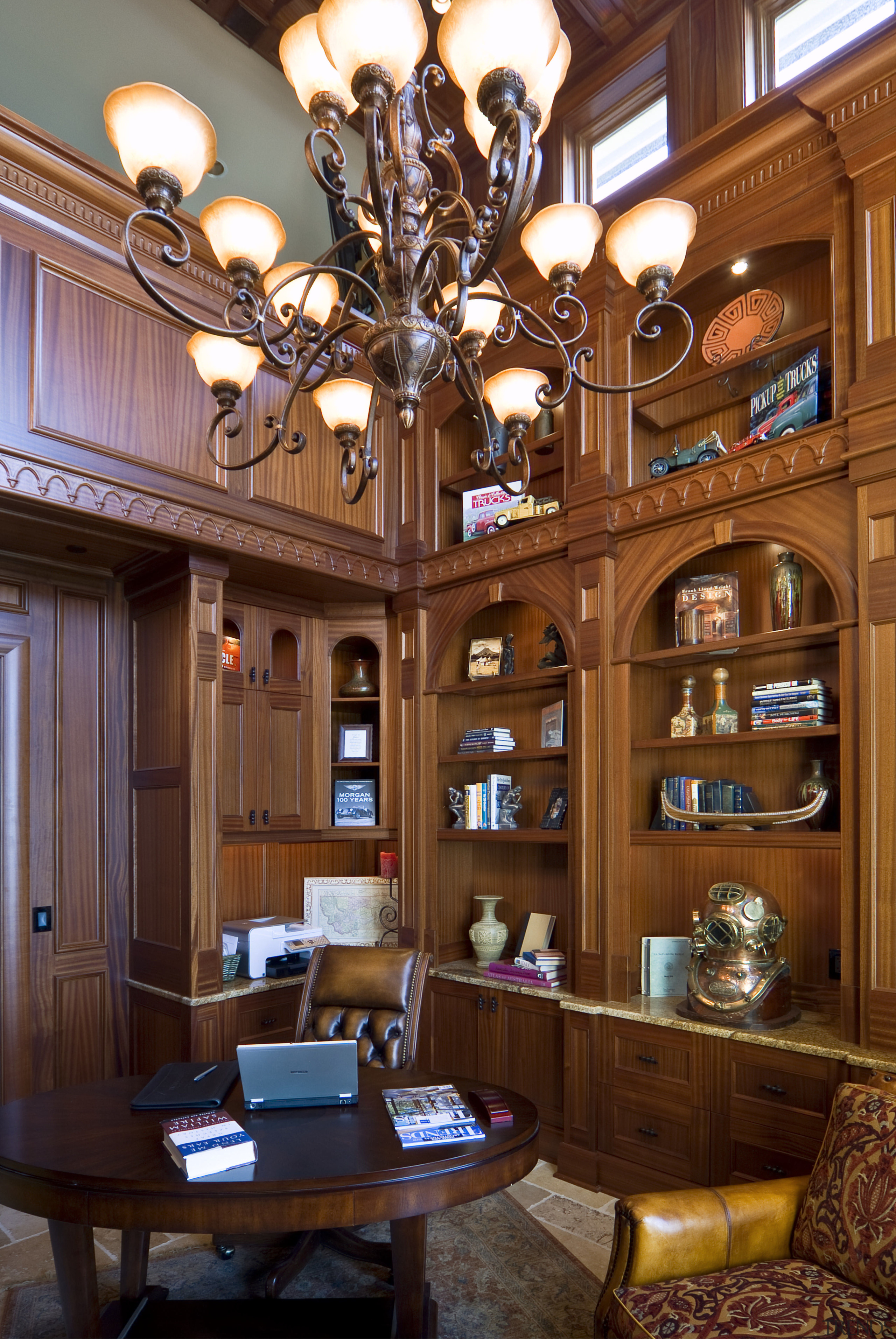 Image of the interior designed by Pacific Crest. ceiling, dining room, interior design, wood, brown, red