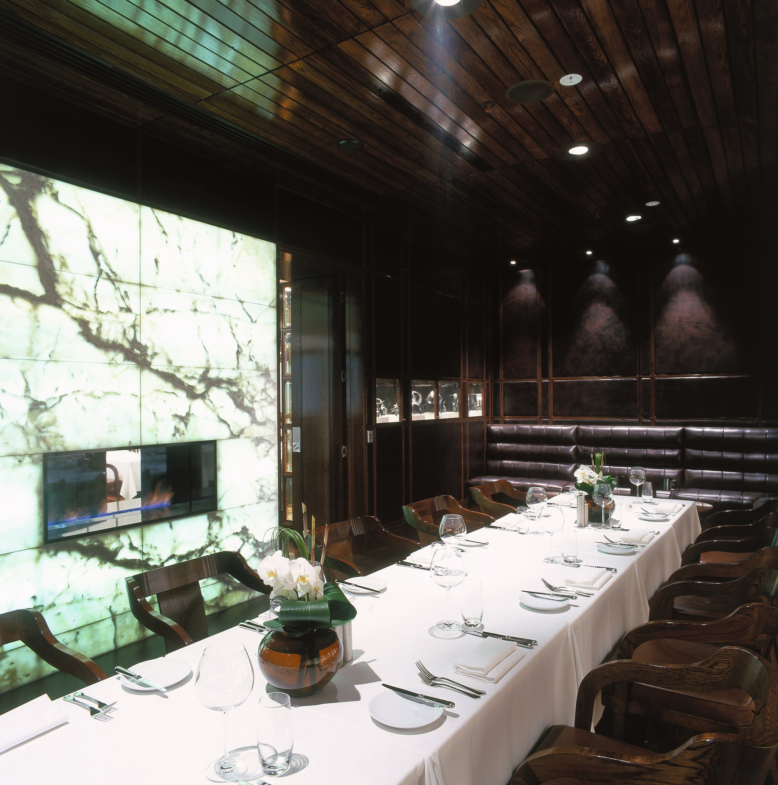 A view of a dining area, large wooden interior design, restaurant, black, white