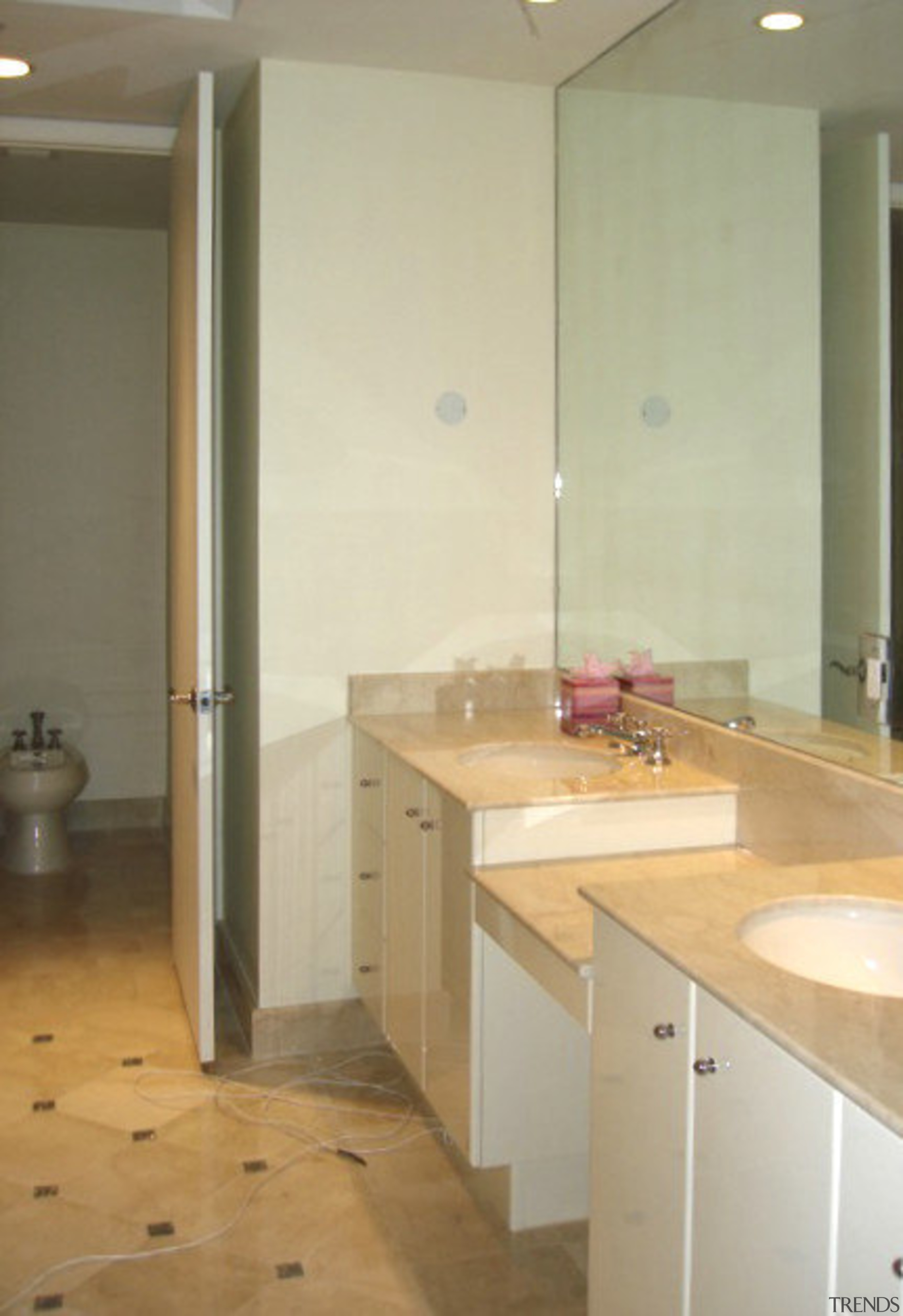 Bathroom area with large mirror. - Bathroom area bathroom, cabinetry, countertop, floor, flooring, hardwood, home, interior design, kitchen, property, real estate, room, sink, tile, wall, wood flooring, orange, brown