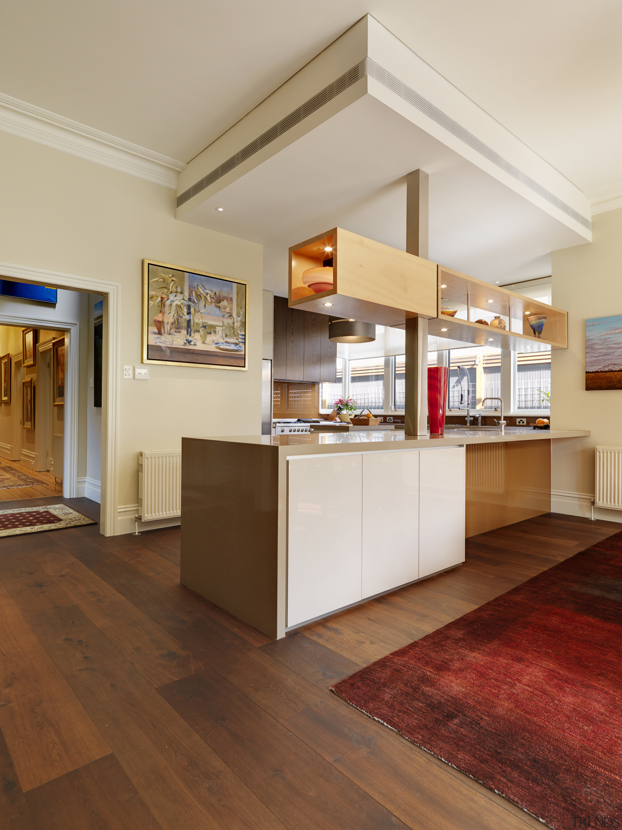 View of kitchen designed bt Nicholas Murray Architects ceiling, floor, flooring, furniture, hardwood, interior design, laminate flooring, living room, lobby, real estate, table, wood, wood flooring, gray, brown