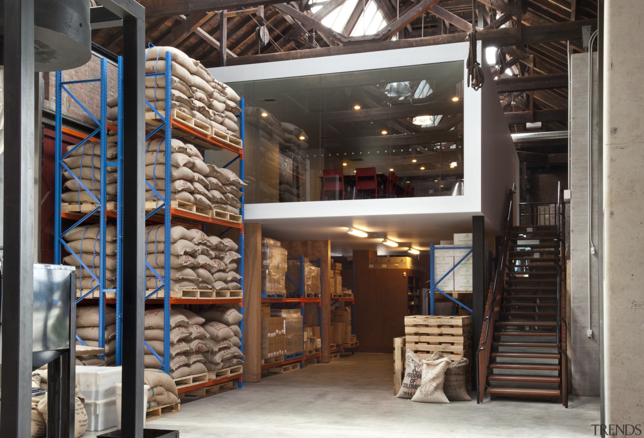 View of the new Mojo Coffee Holdings headquarters inventory, warehouse, black, gray