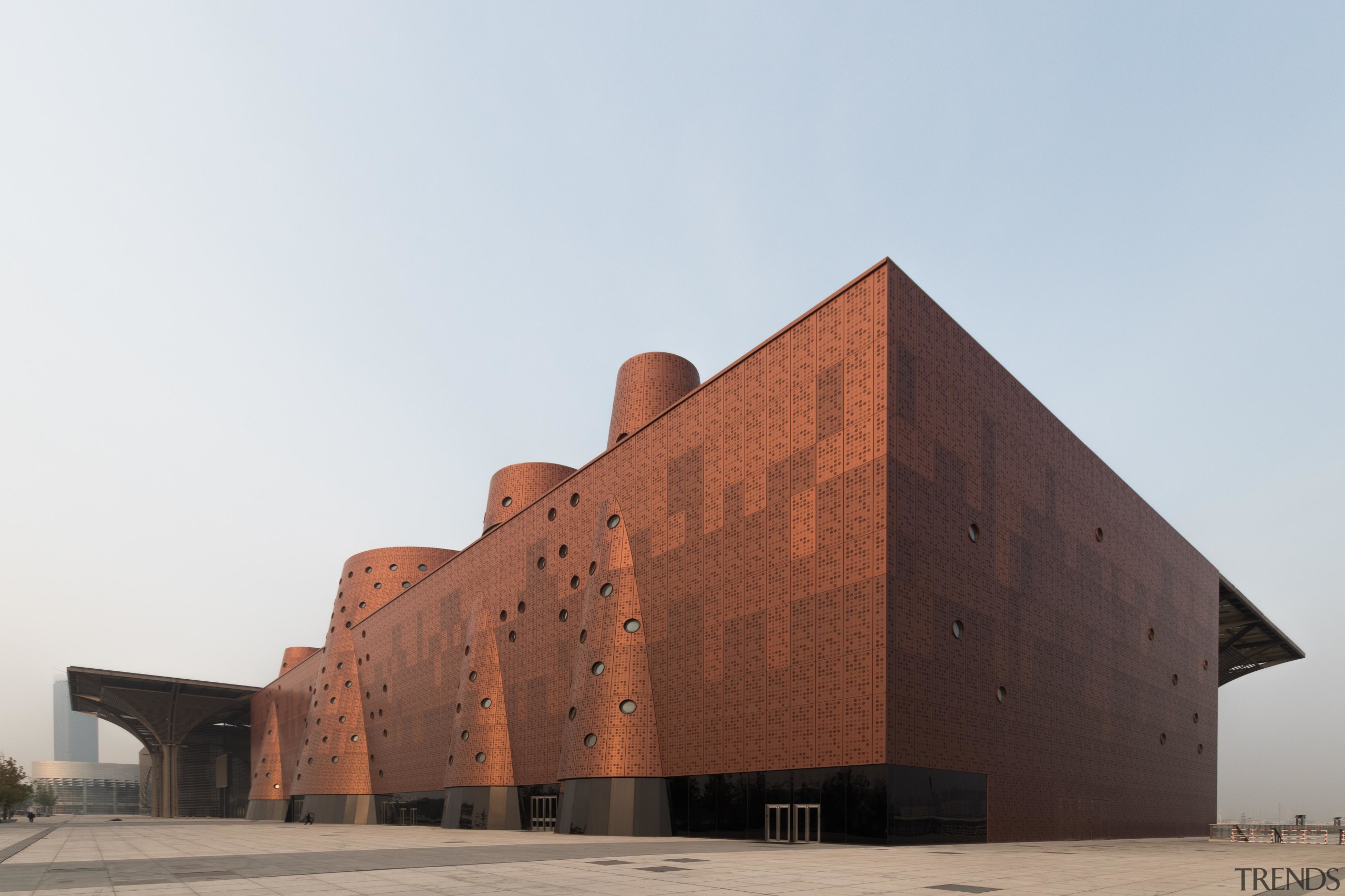 Tianjin Exploratorium has a strong, sculptural presence  whichever architecture, brick, building, facade, historic site, house, sky, white