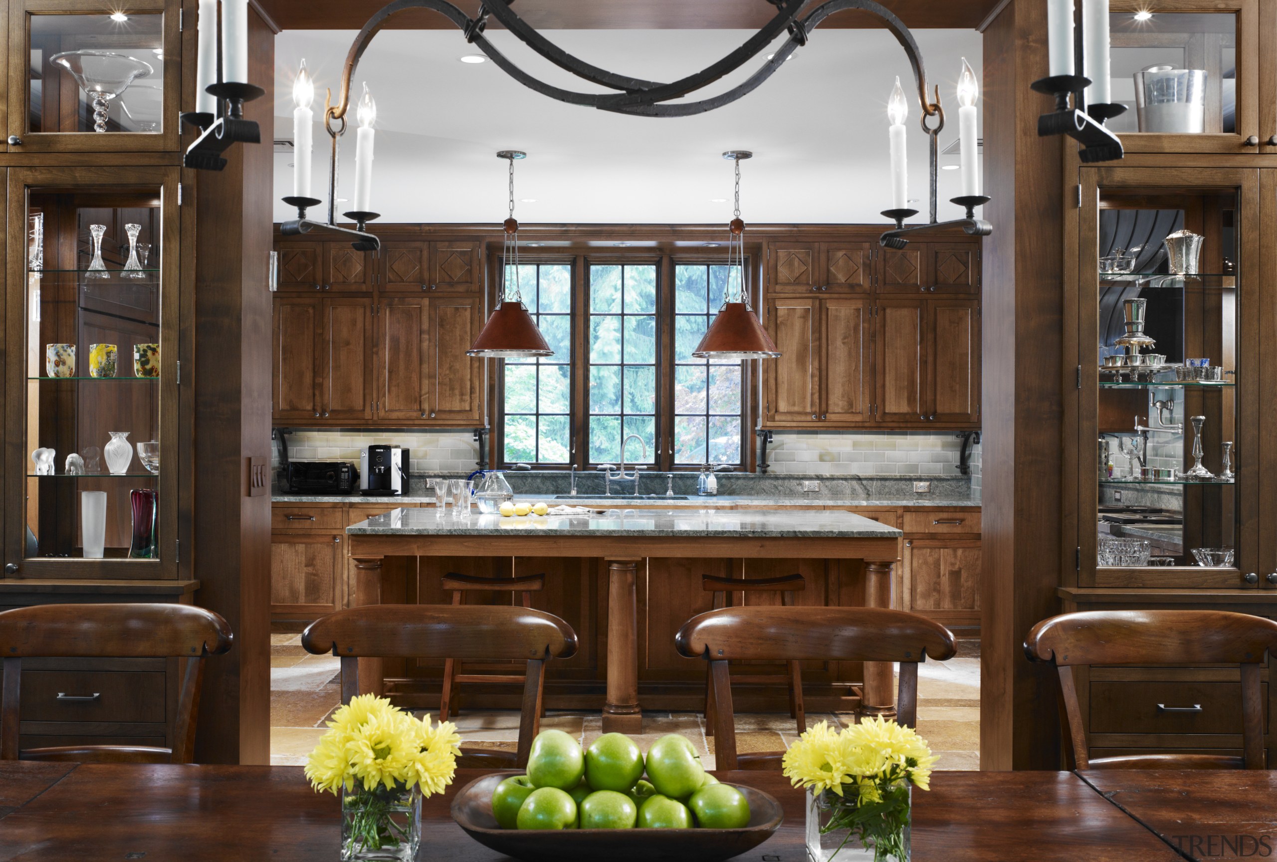 View of traditional kitchen with wooden cabinetry and cabinetry, countertop, cuisine classique, interior design, kitchen, brown