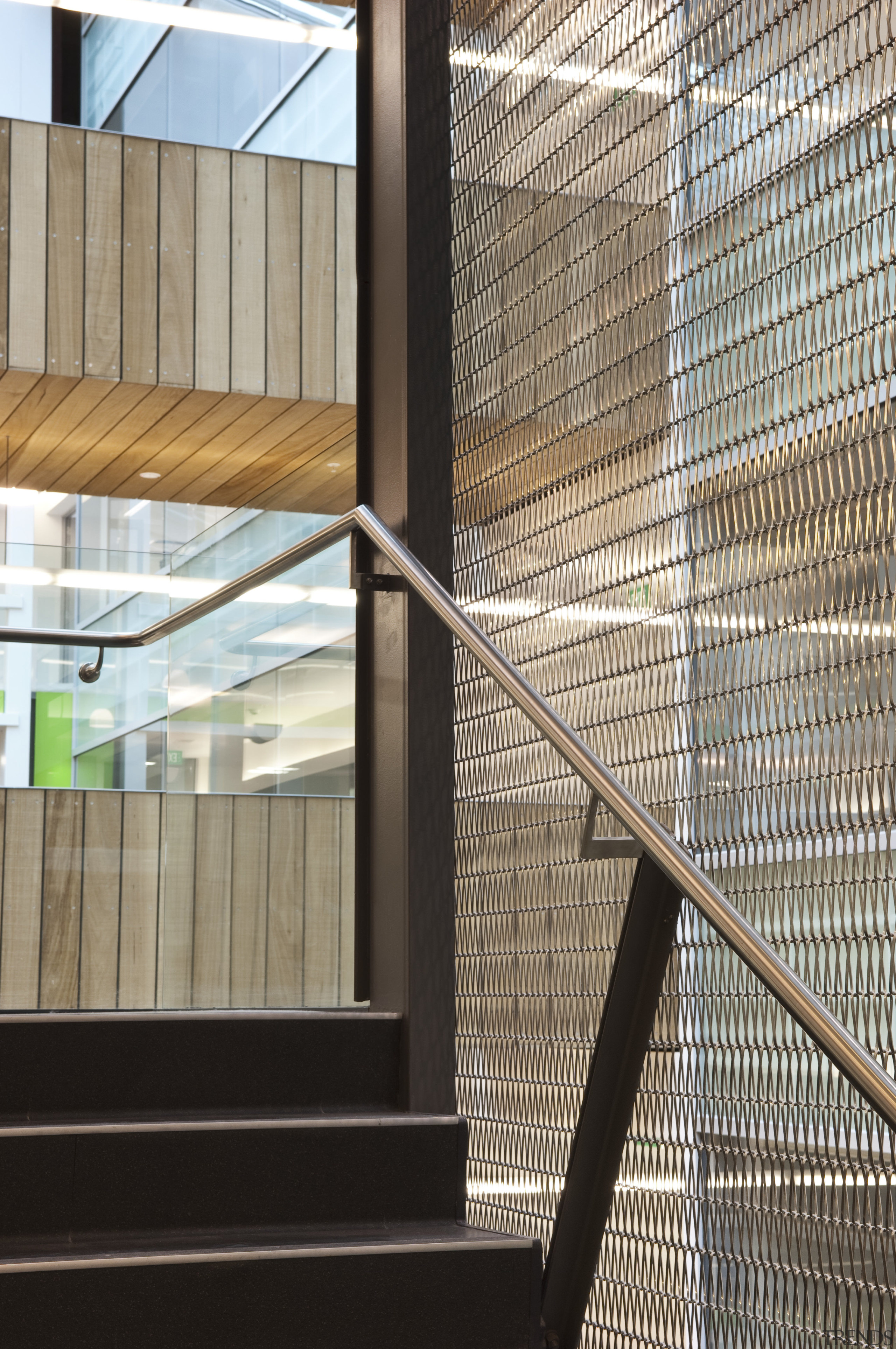 View of the interior of the Vogel Center architecture, building, daylighting, facade, glass, handrail, house, line, structure, window, gray, black