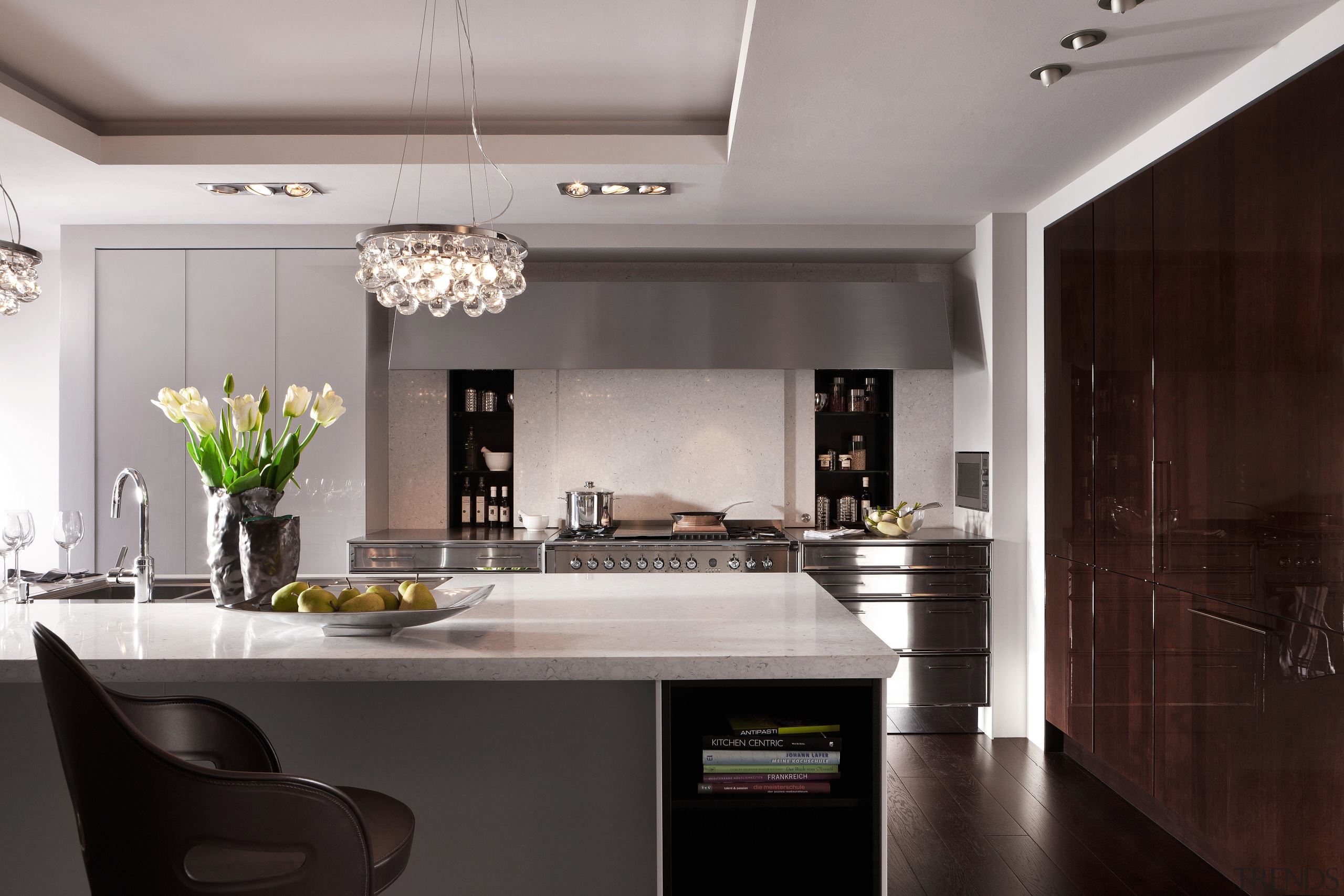 View of kitchen with dark wooden flooring and ceiling, countertop, cuisine classique, interior design, interior designer, kitchen, gray, black