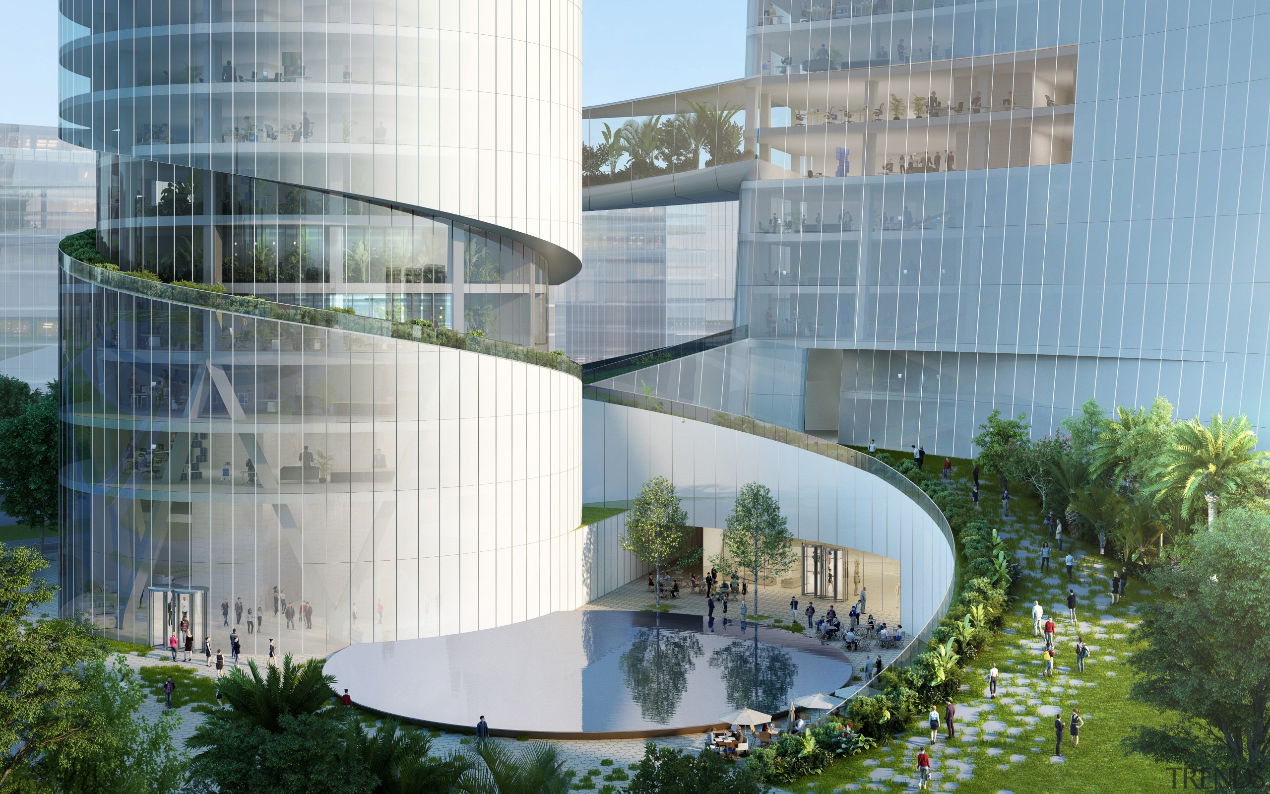 iCarbonX's central public space is partially embedded in architecture, building, city, commercial building, condominium, corporate headquarters, facade, glass, headquarters, house, landscape, mixed-use, property, real estate, reflecting pool, reflection, tower block, urban design, water, gray