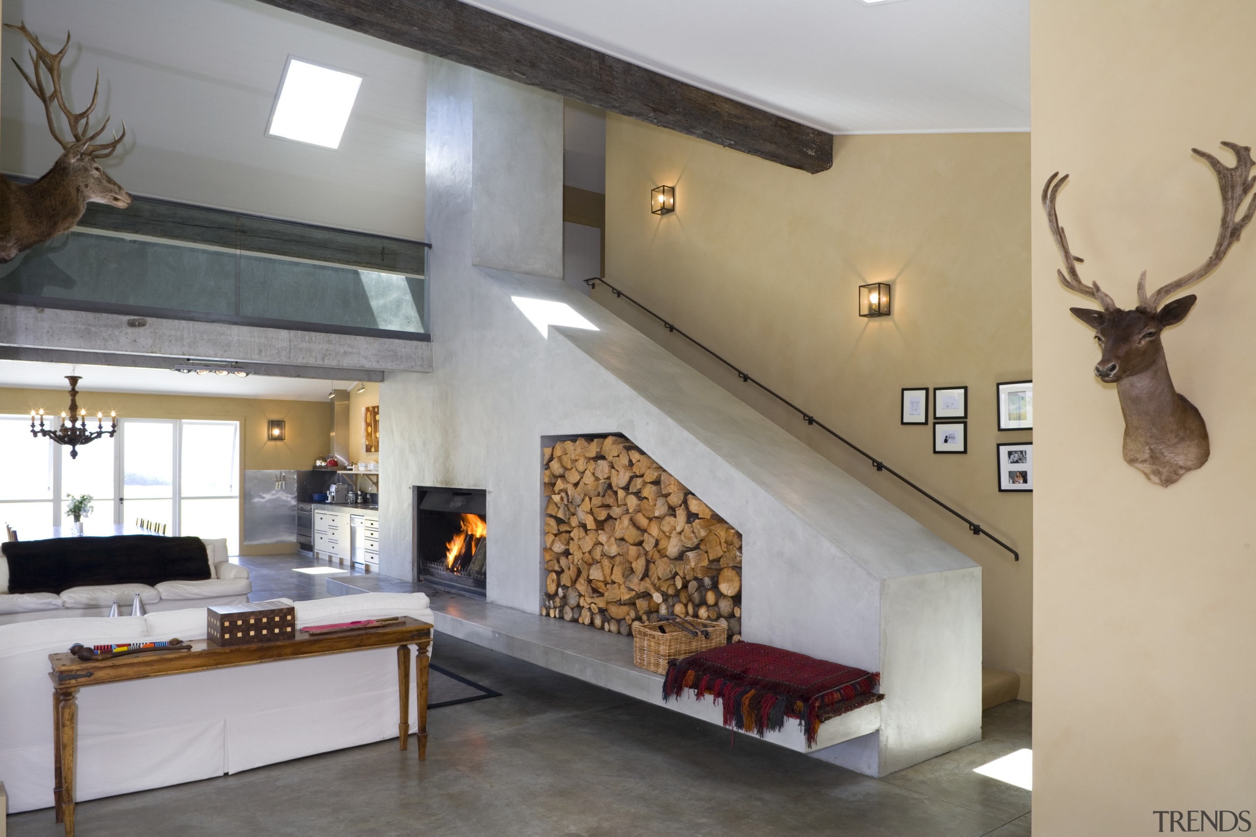 view of stairs leading to the upper level ceiling, hearth, home, house, interior design, living room, loft, property, room, gray