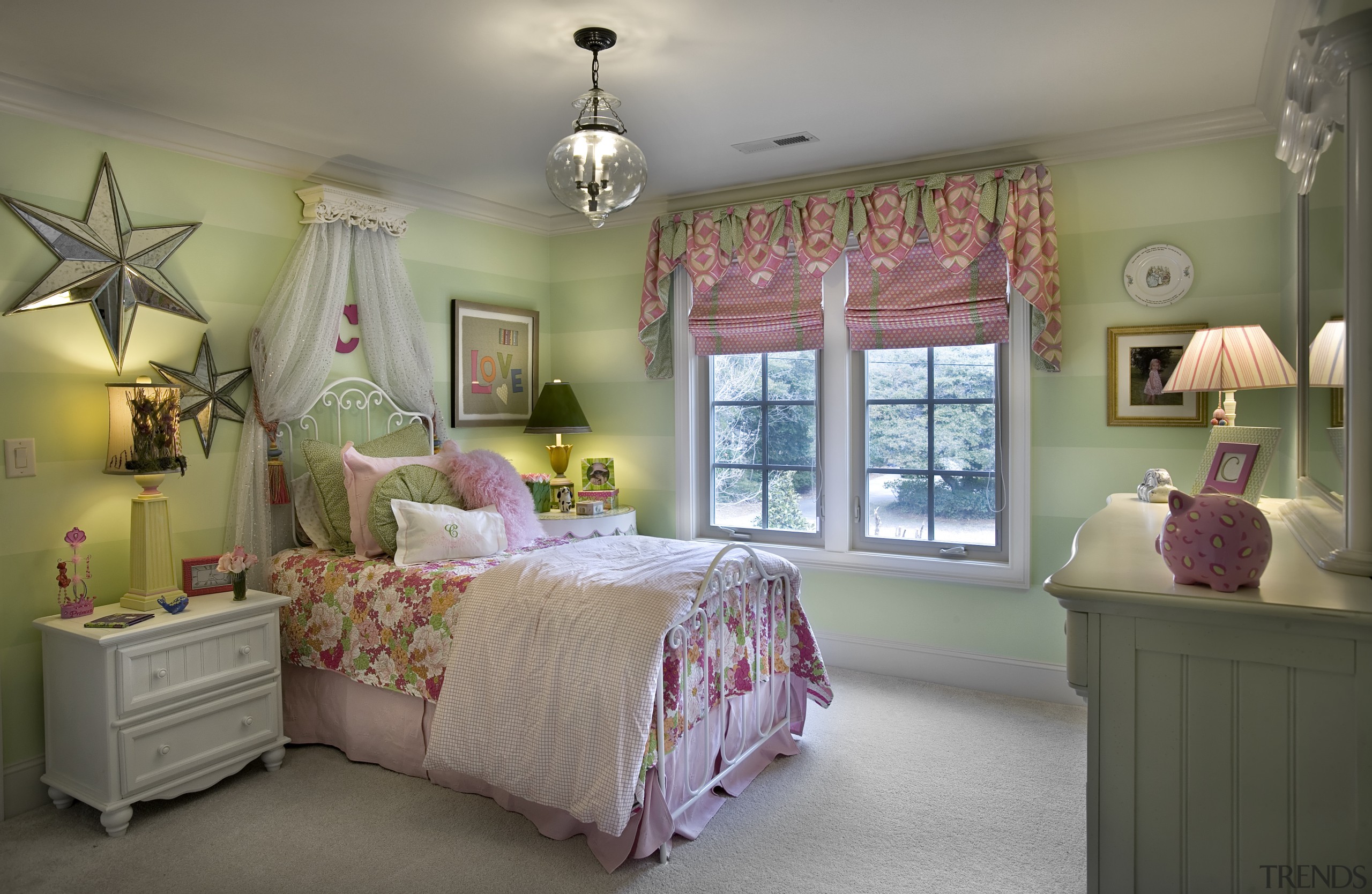 This princess bedroom features painted lime green stripes bed, bed frame, bed sheet, bedding, bedroom, ceiling, estate, home, house, interior design, real estate, room, textile, wall, window, gray, brown