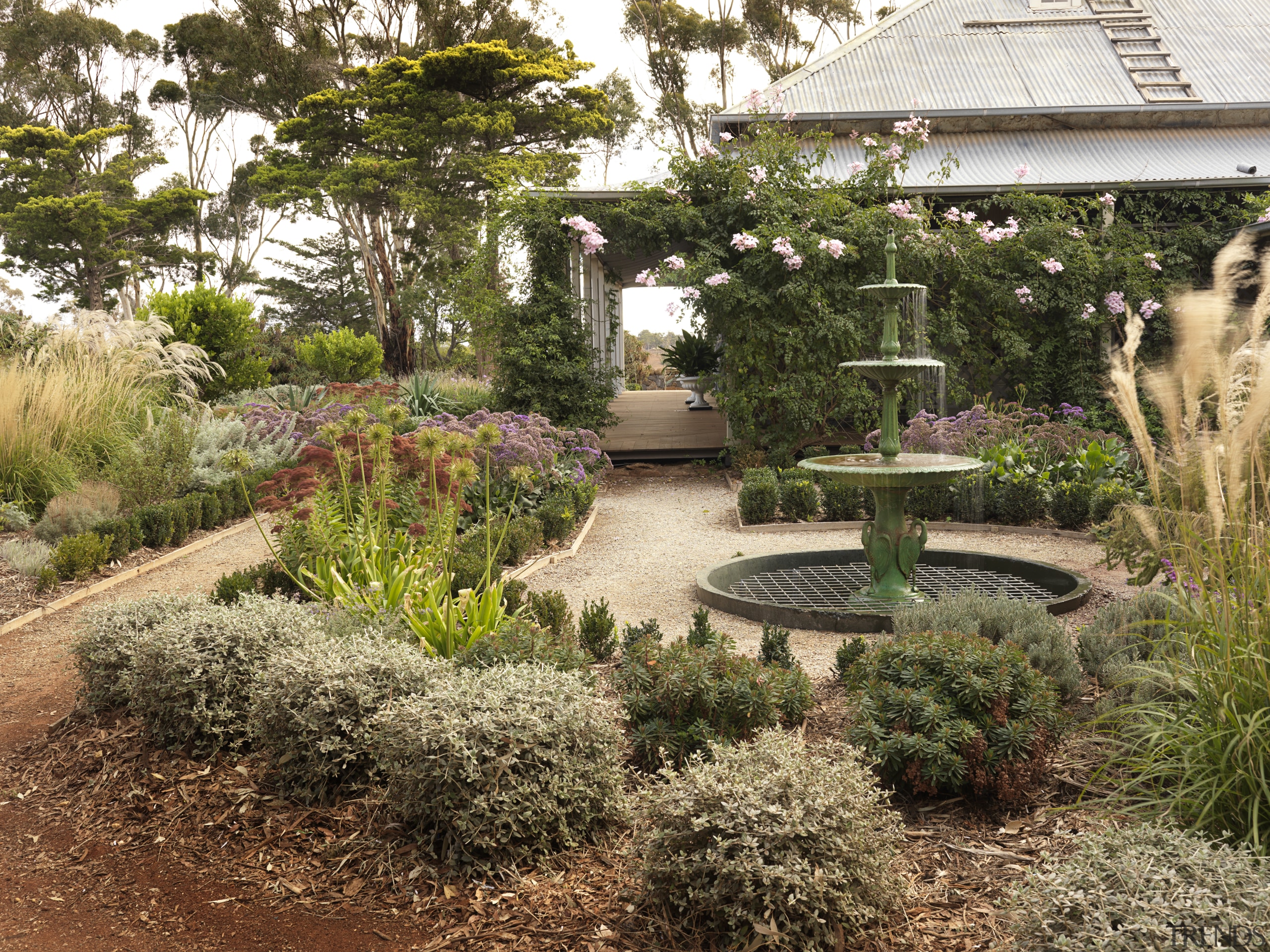View of garden which features an antique fountain backyard, botanical garden, garden, grass, landscape, landscaping, outdoor structure, plant, tree, walkway, yard, brown