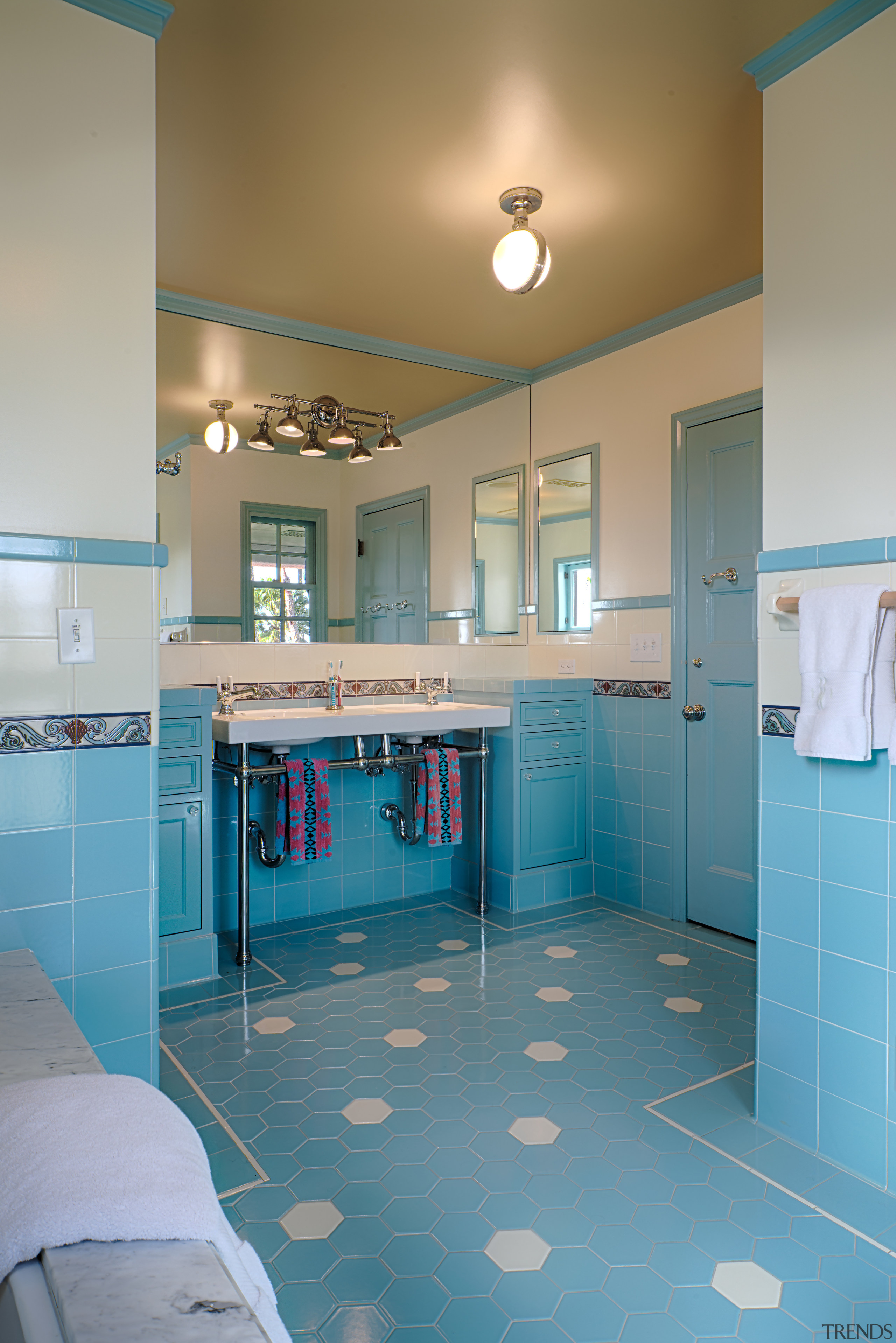 The family bathroom in architect Linda Brettlers own architecture, bathroom, blue, ceiling, floor, flooring, home, house, interior design, kitchen, real estate, room, tile, gray, teal